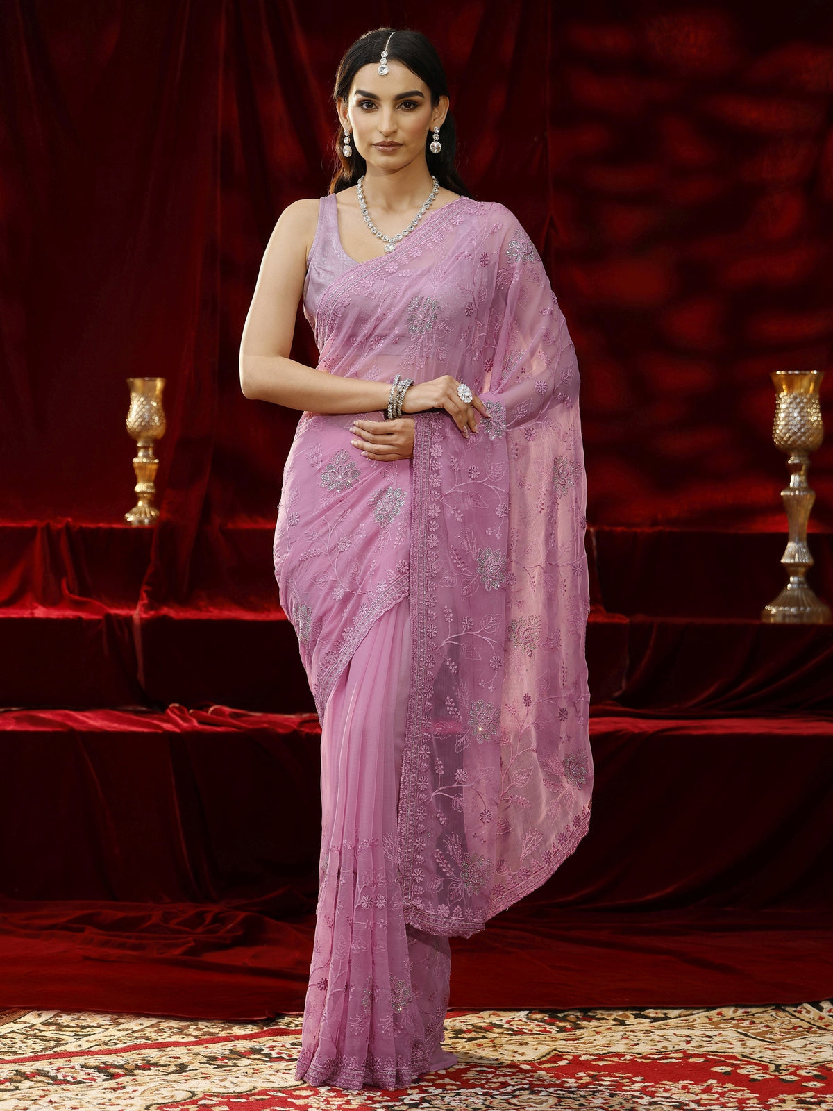 Anouk Pink Floral Embroidered Chiffon Saree
