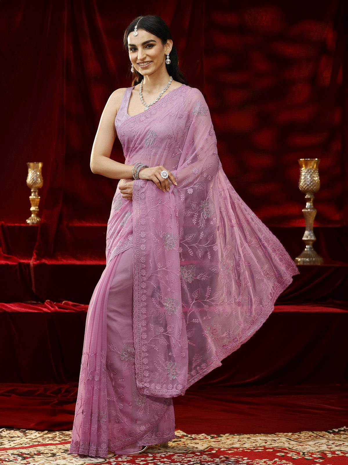 Anouk Pink Floral Embroidered Chiffon Saree