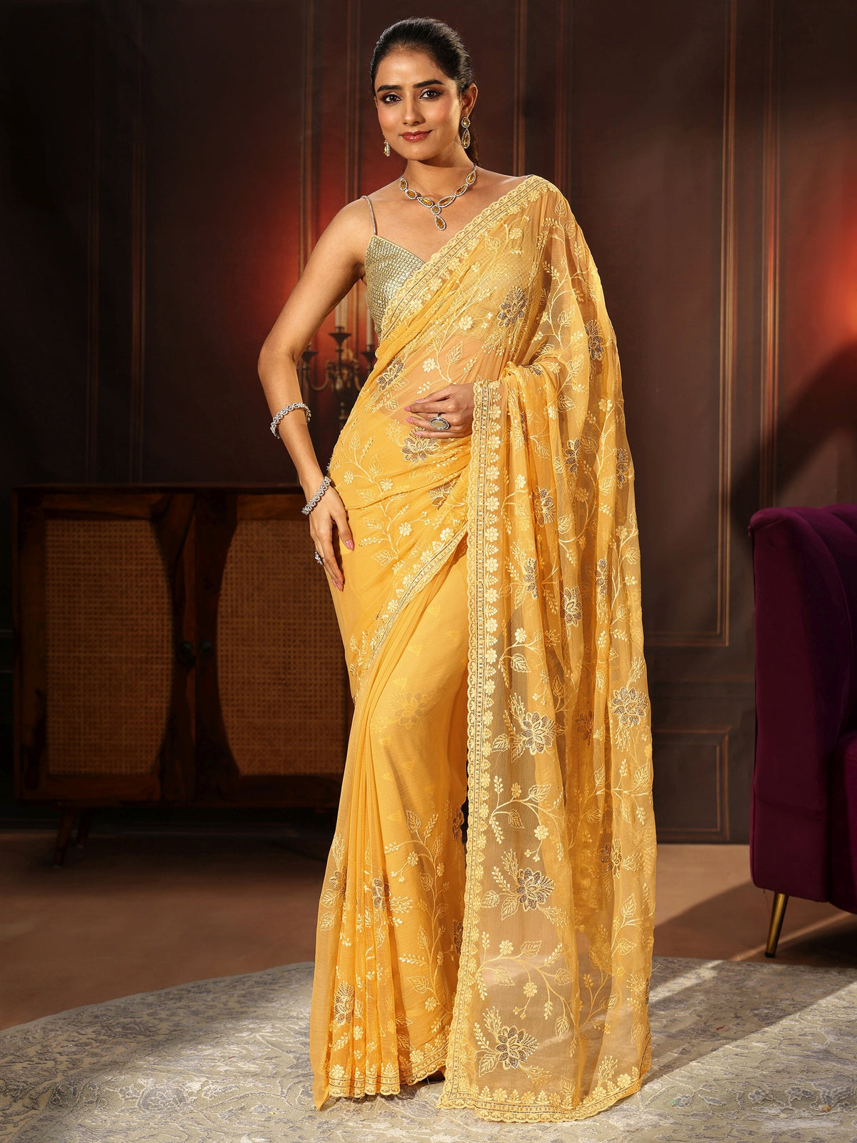 Anouk Sunshine Yellow Floral Embroidered Chiffon Saree