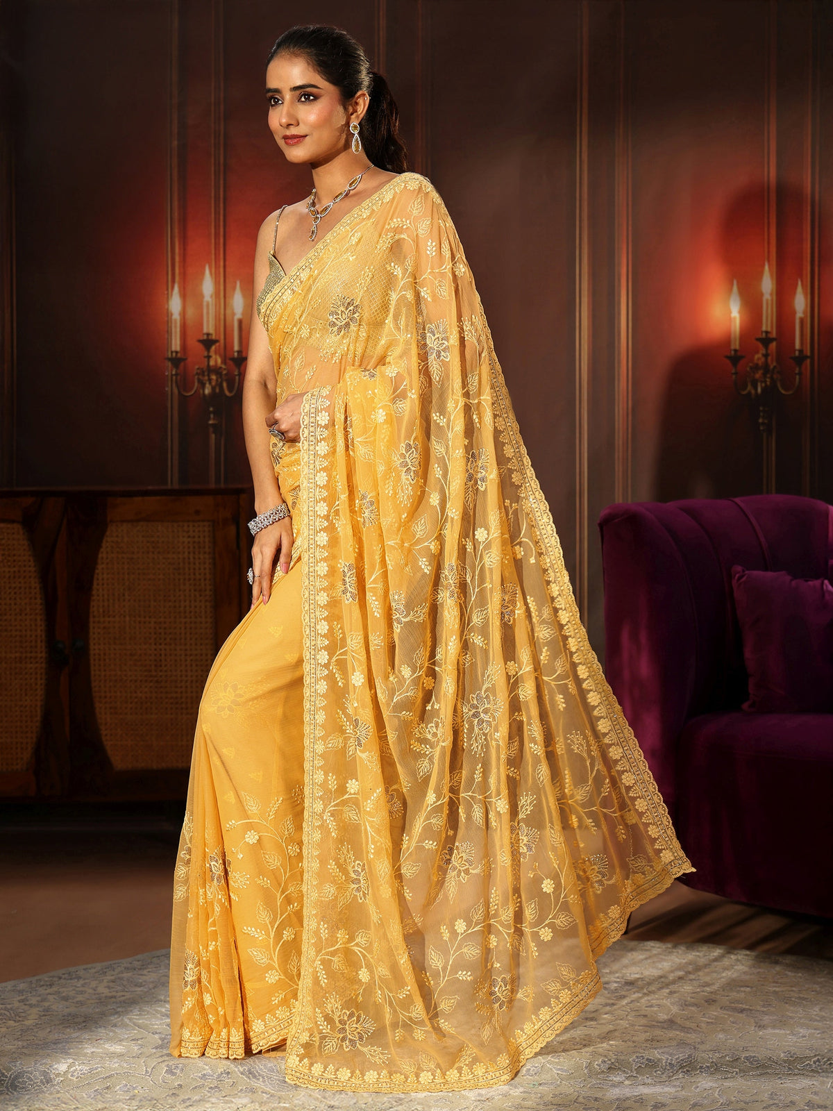 Anouk Sunshine Yellow Floral Embroidered Chiffon Saree
