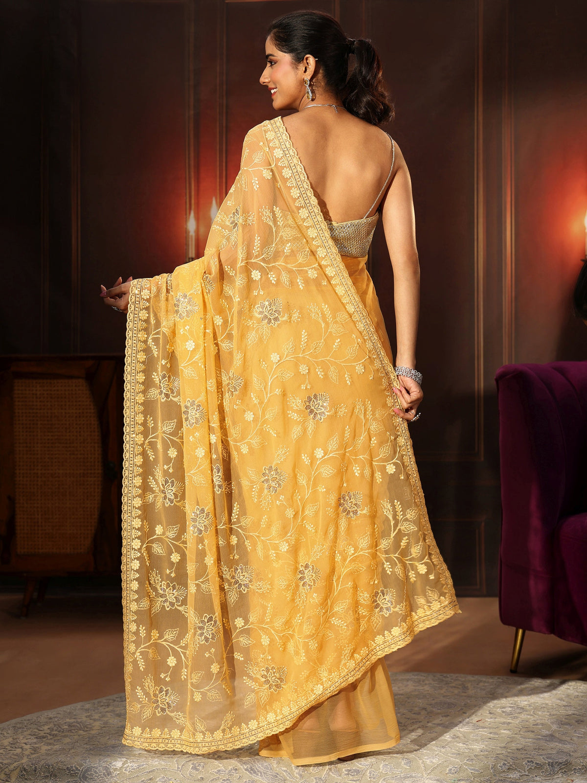 Anouk Sunshine Yellow Floral Embroidered Chiffon Saree