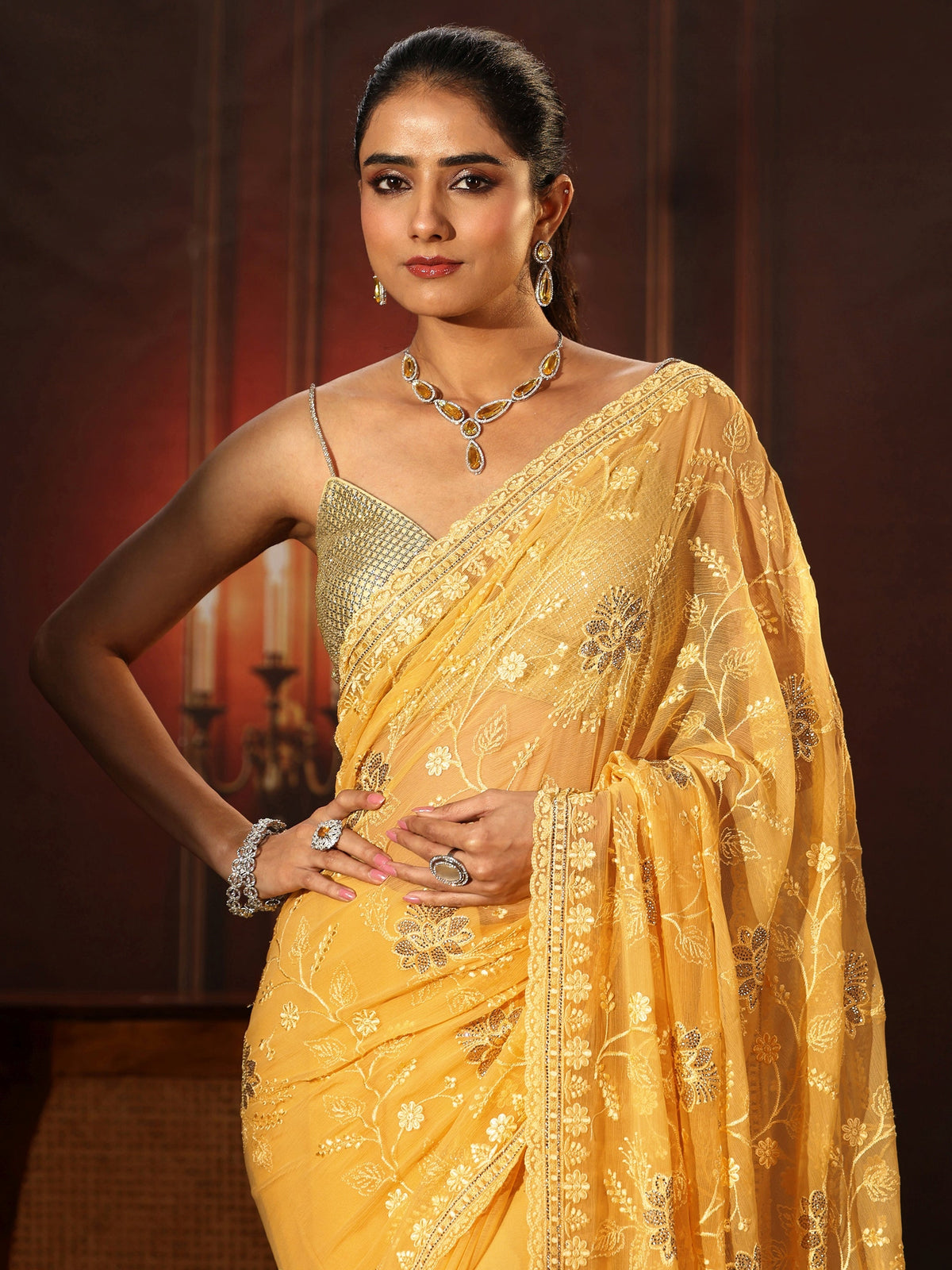 Anouk Sunshine Yellow Floral Embroidered Chiffon Saree