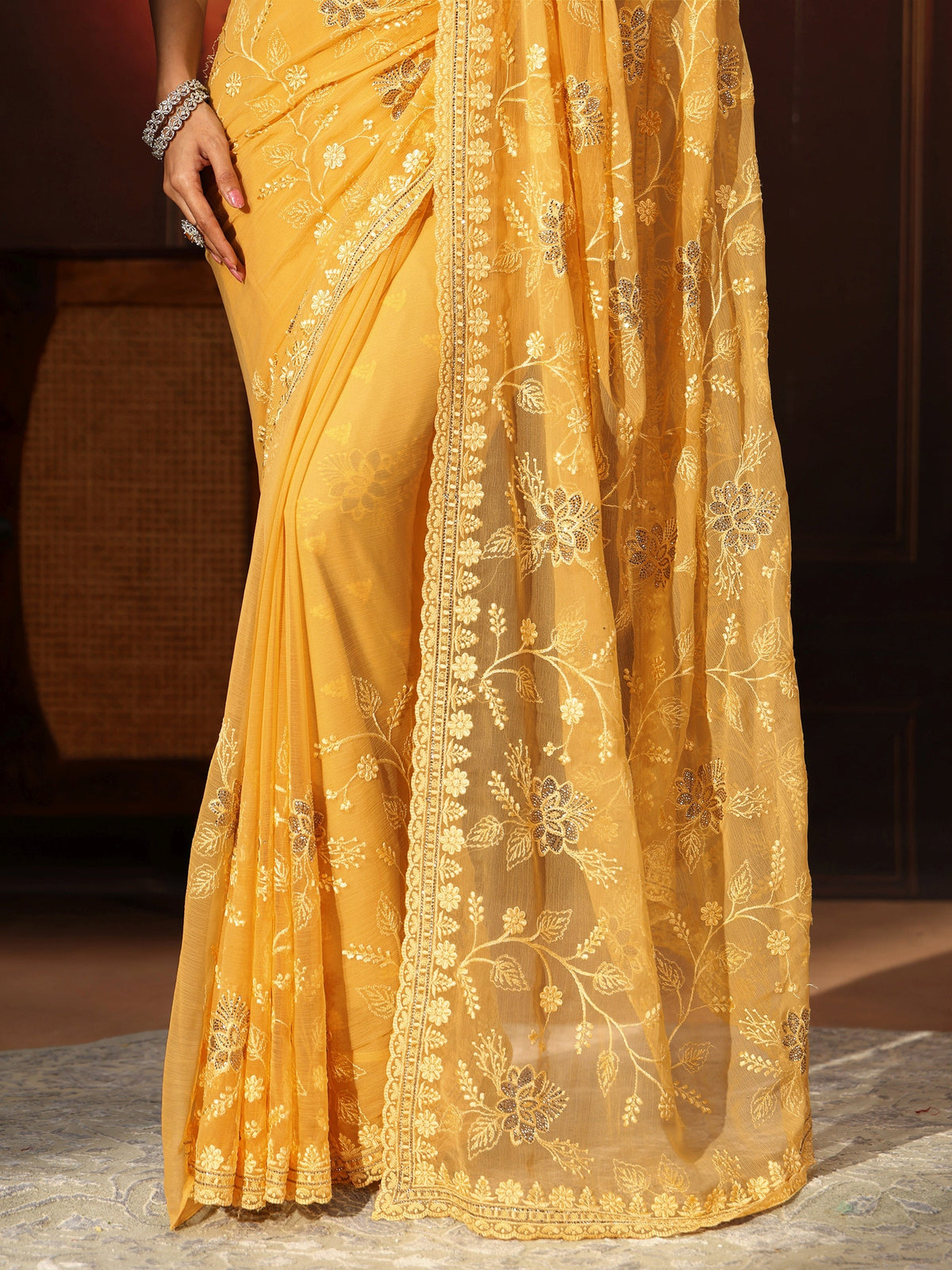Anouk Sunshine Yellow Floral Embroidered Chiffon Saree