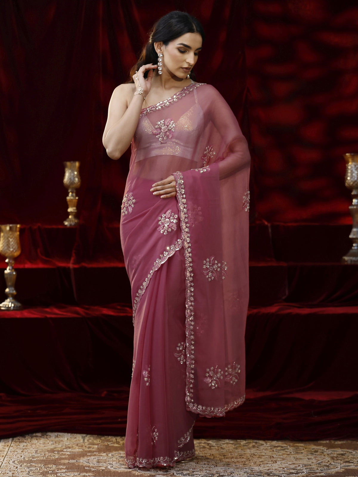 Anouk Pink Floral Embellished Chiffon Saree