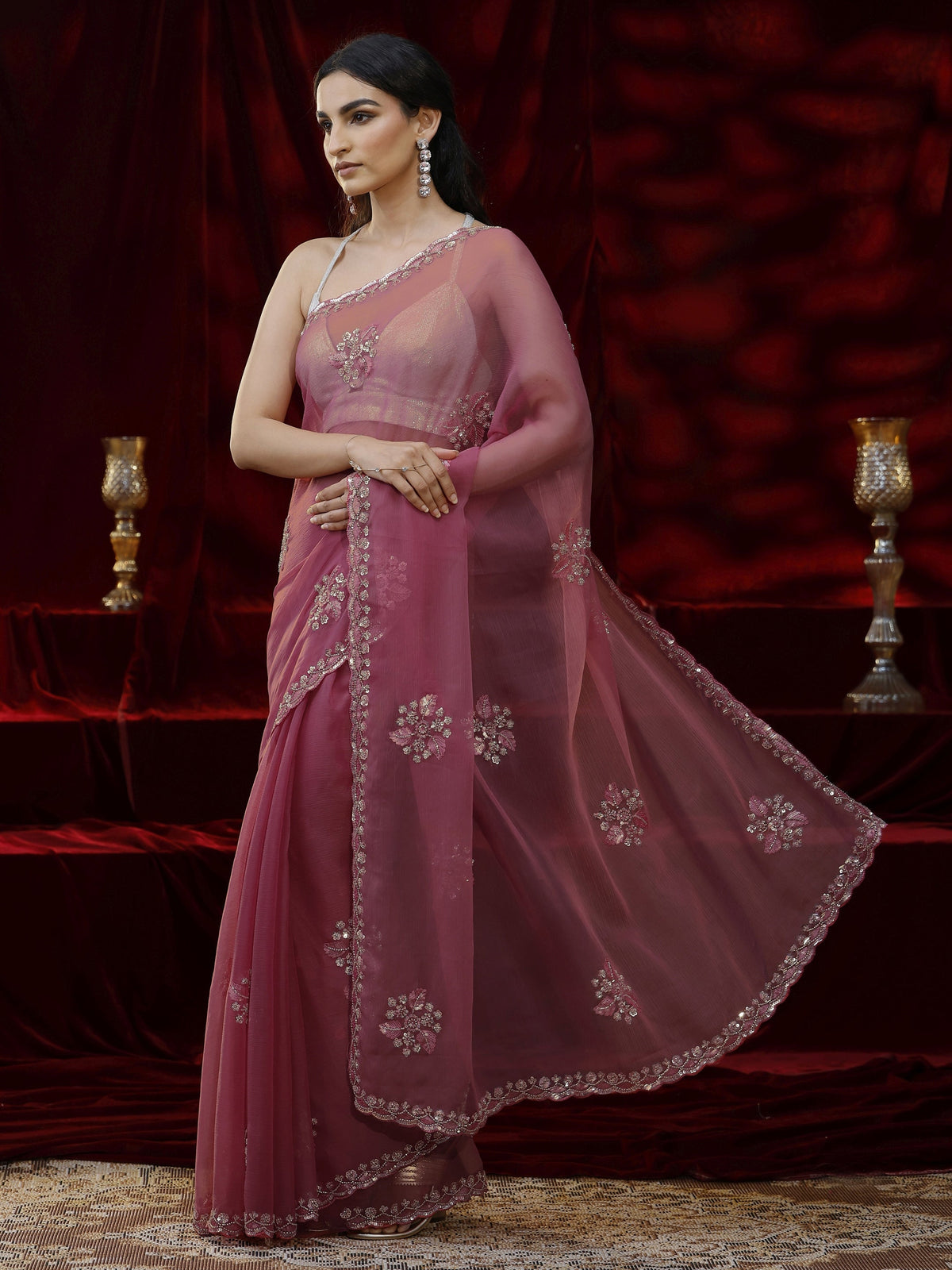 Anouk Pink Floral Embellished Chiffon Saree