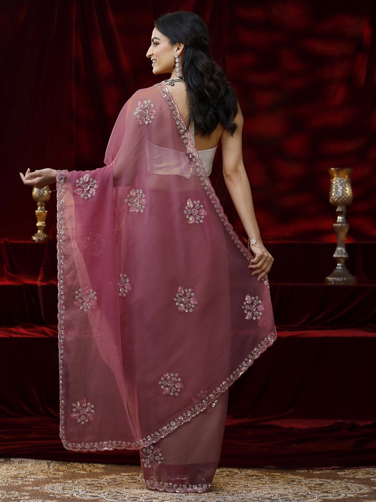 Anouk Pink Floral Embellished Chiffon Saree