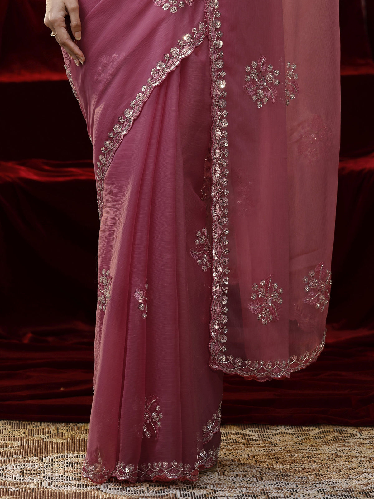Anouk Pink Floral Embellished Chiffon Saree