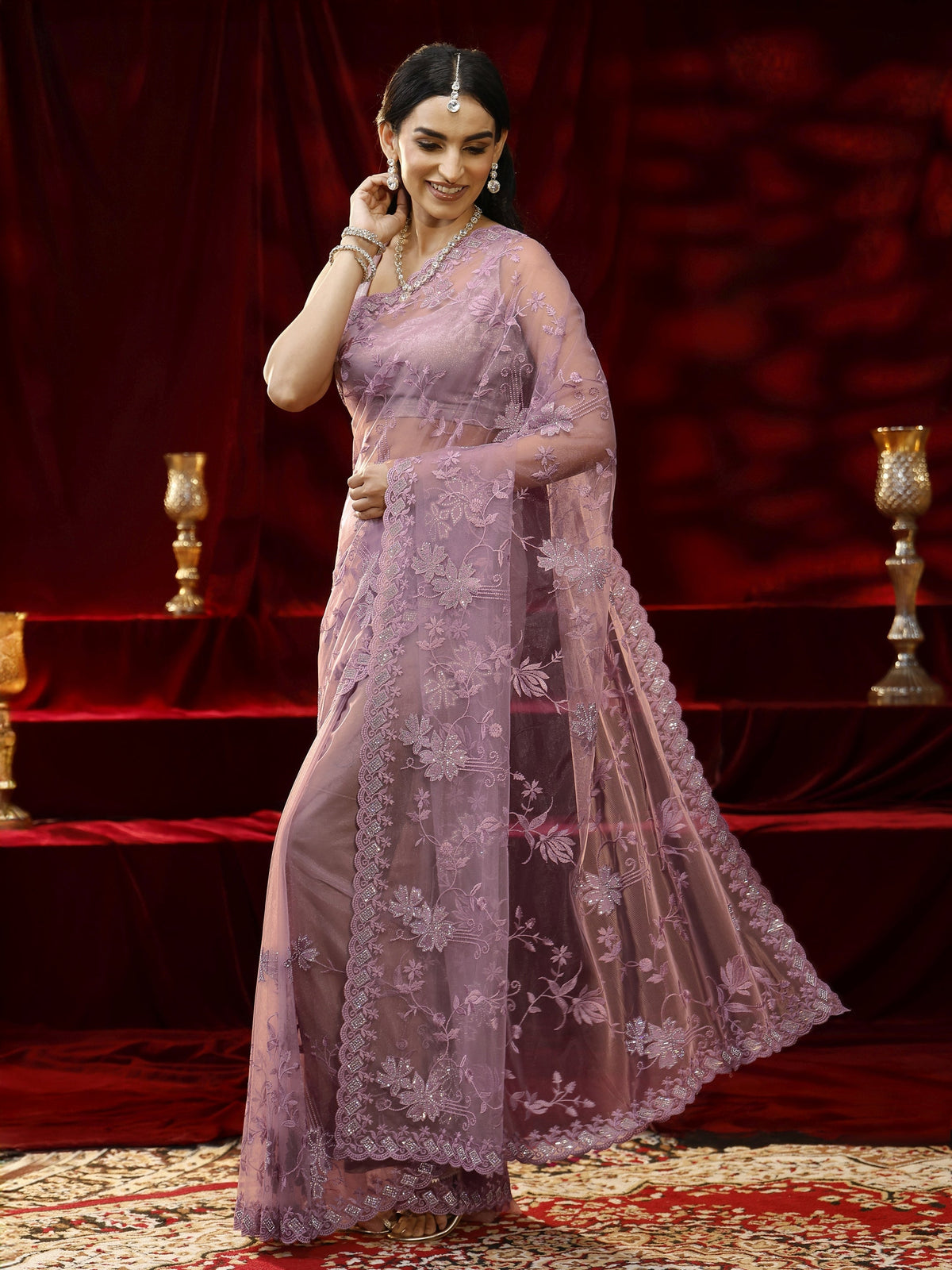 Anouk Lavender Floral Embroidered Net Saree