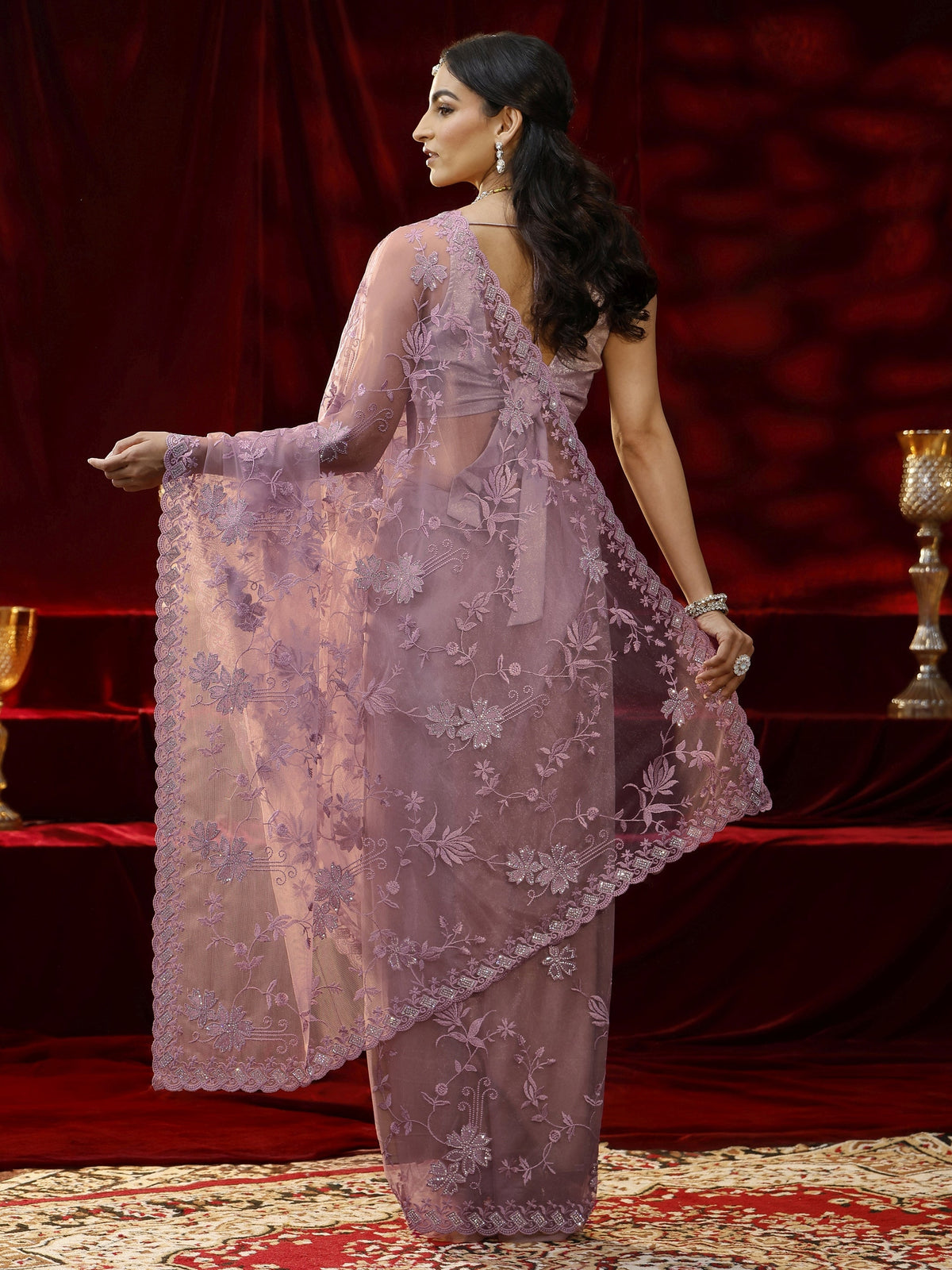 Anouk Lavender Floral Embroidered Net Saree
