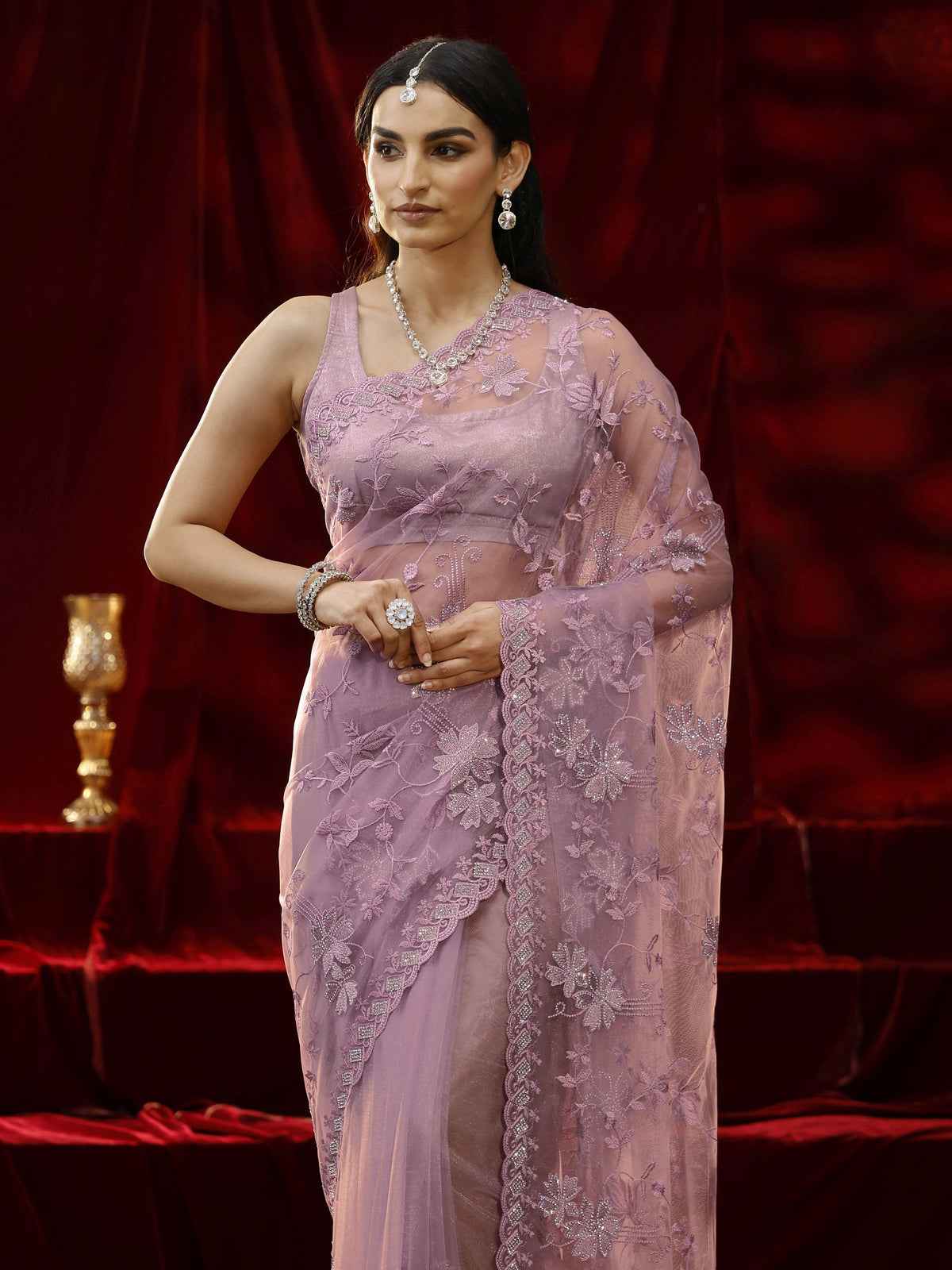 Anouk Lavender Floral Embroidered Net Saree