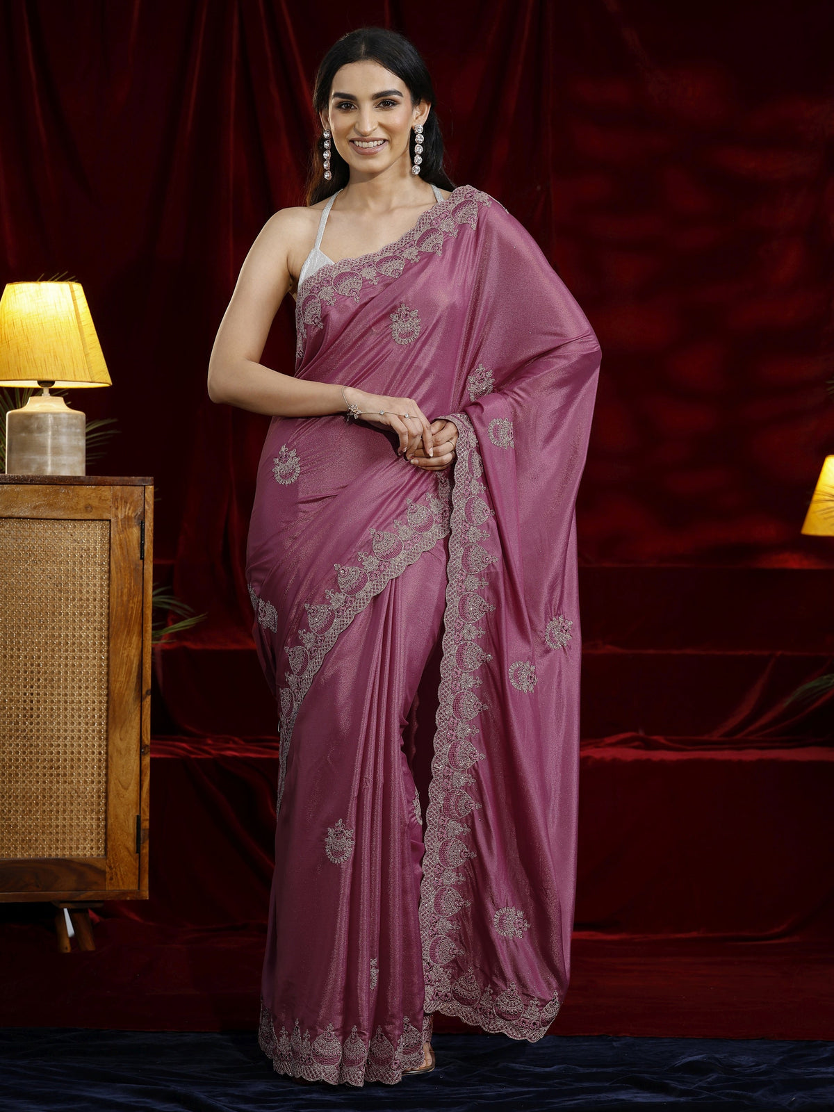 Anouk Mauve Ethnic Motif Embroidered Satin Saree