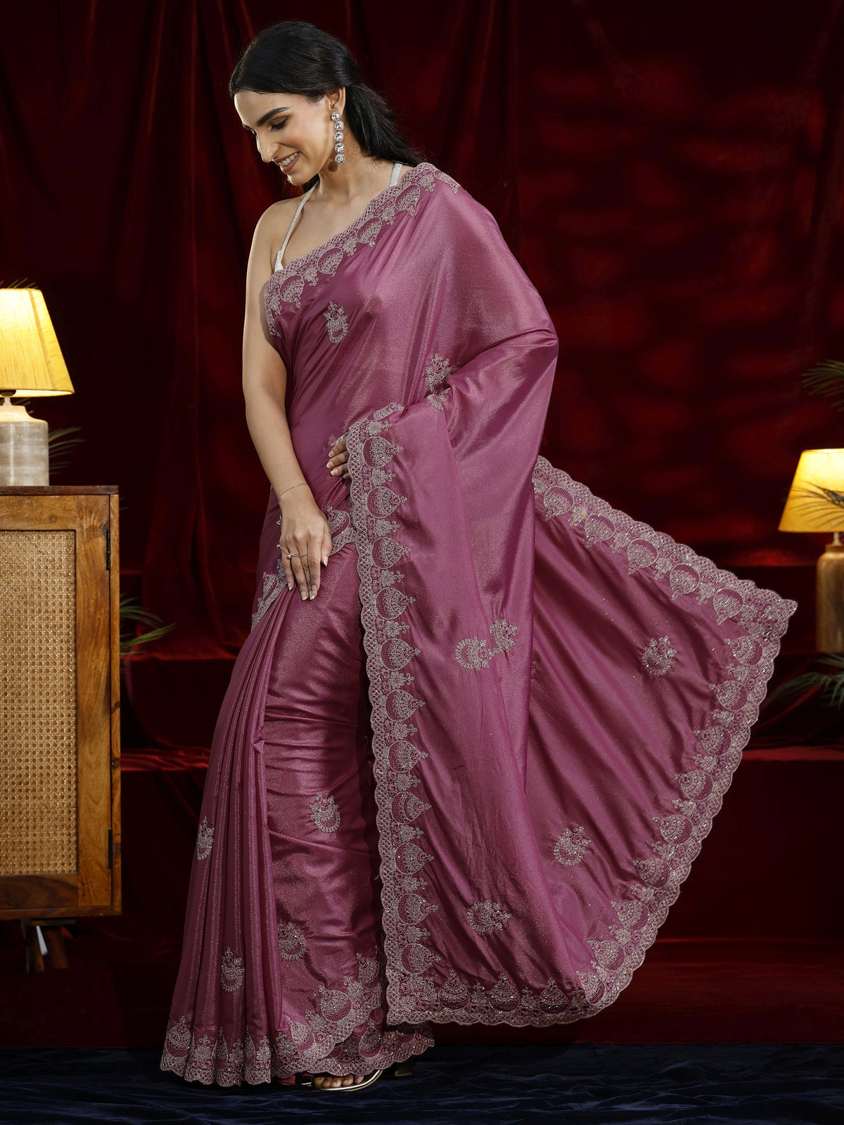 Anouk Mauve Ethnic Motif Embroidered Satin Saree