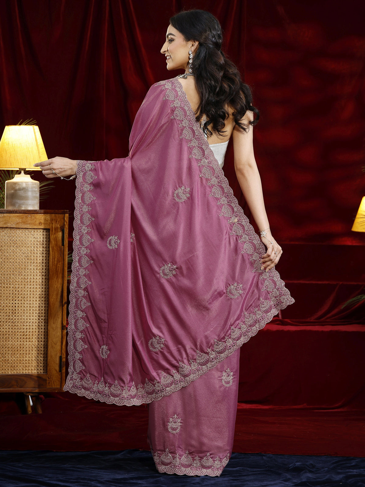 Anouk Mauve Ethnic Motif Embroidered Satin Saree