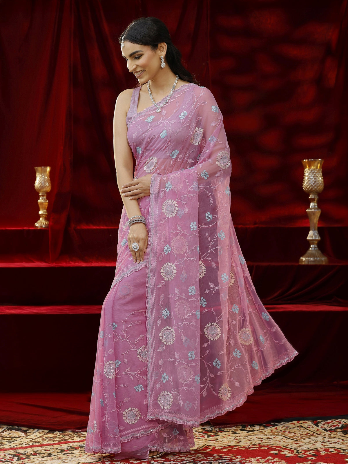 Anouk Pink Floral Embroidered Chiffon Saree