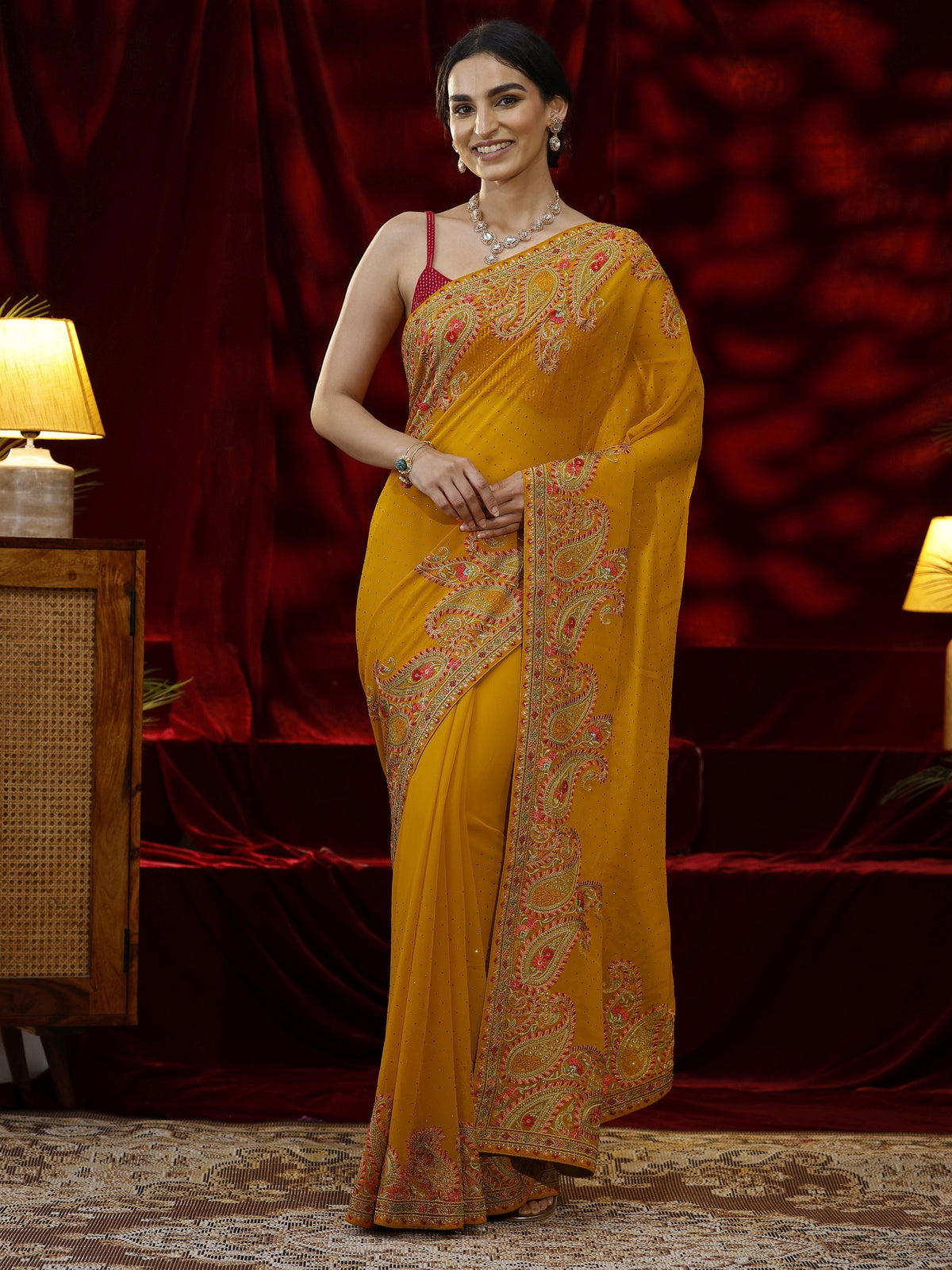 Anouk Mustard Embellished Georgette Saree