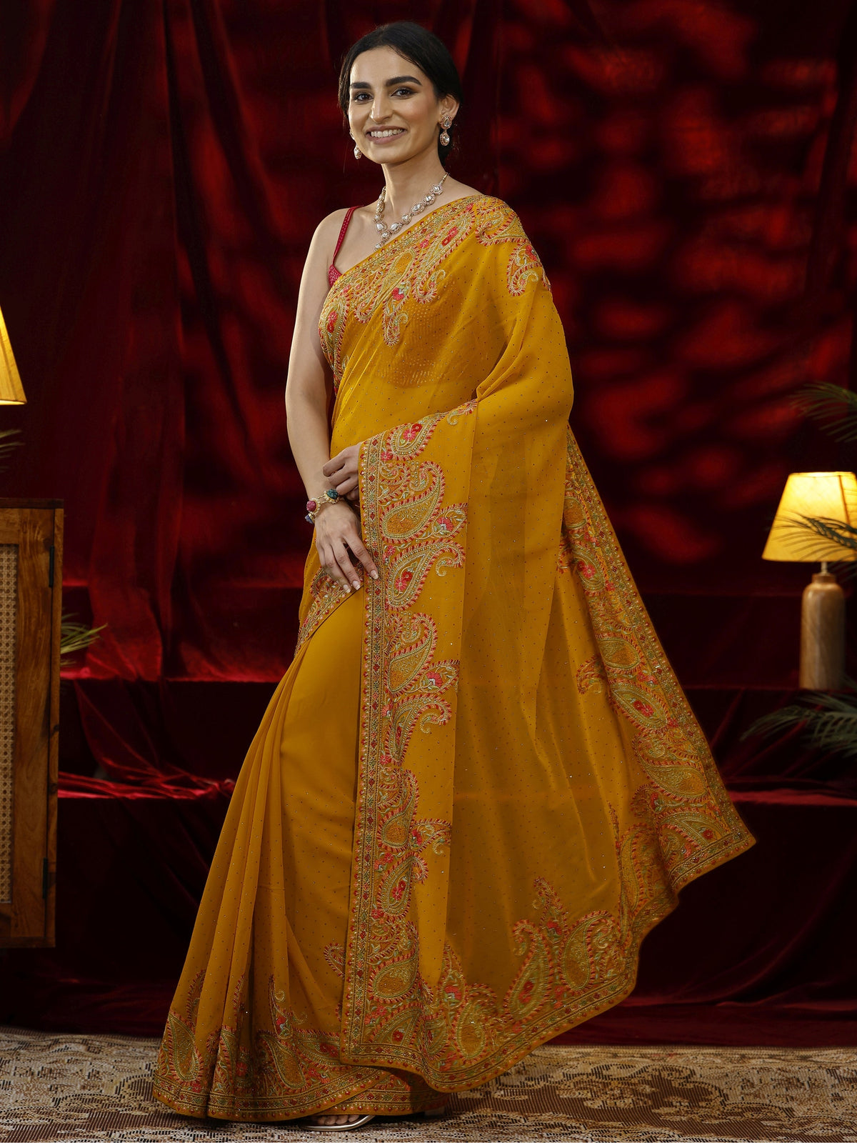 Anouk Mustard Embellished Georgette Saree