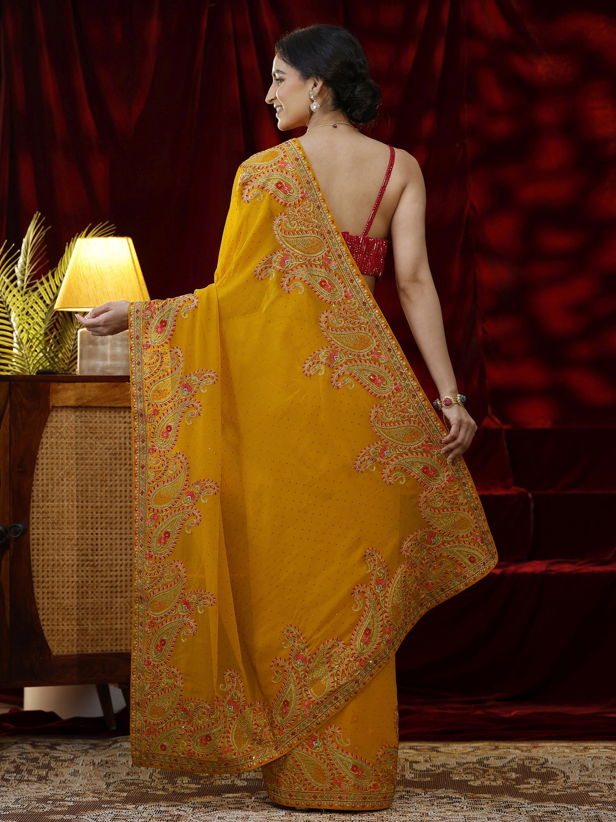Anouk Mustard Embellished Georgette Saree