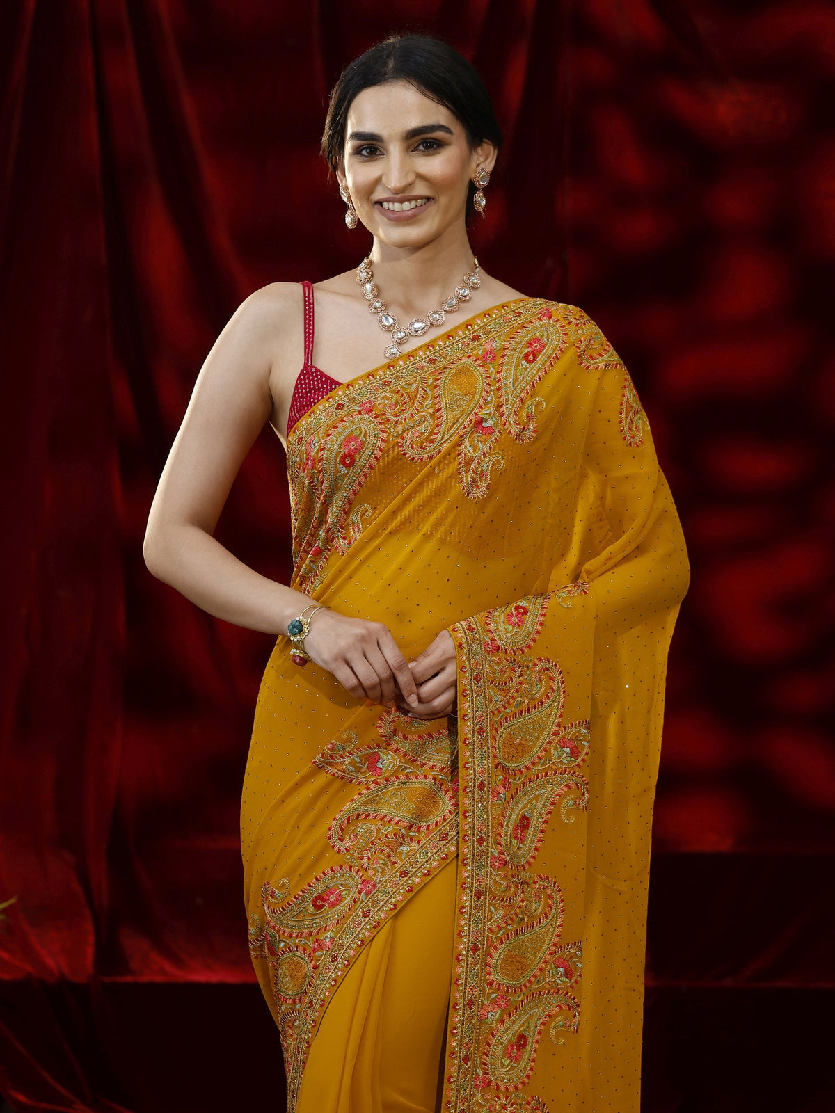 Anouk Mustard Embellished Georgette Saree