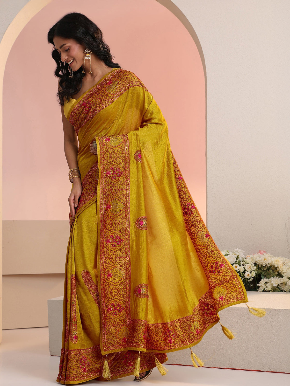 Anouk Mustard Paisley Embroidered Silk Blend Saree