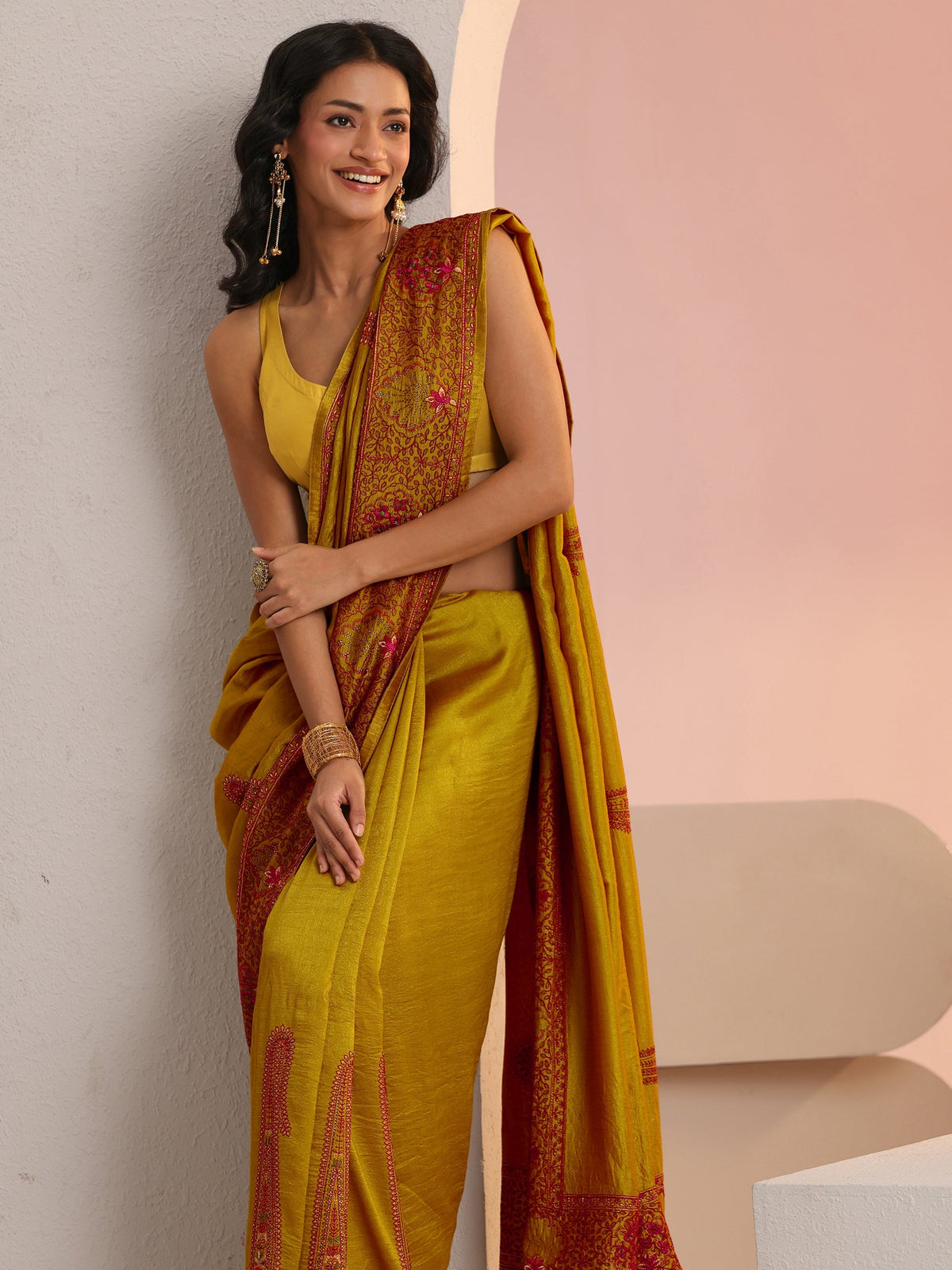 Anouk Mustard Paisley Embroidered Silk Blend Saree