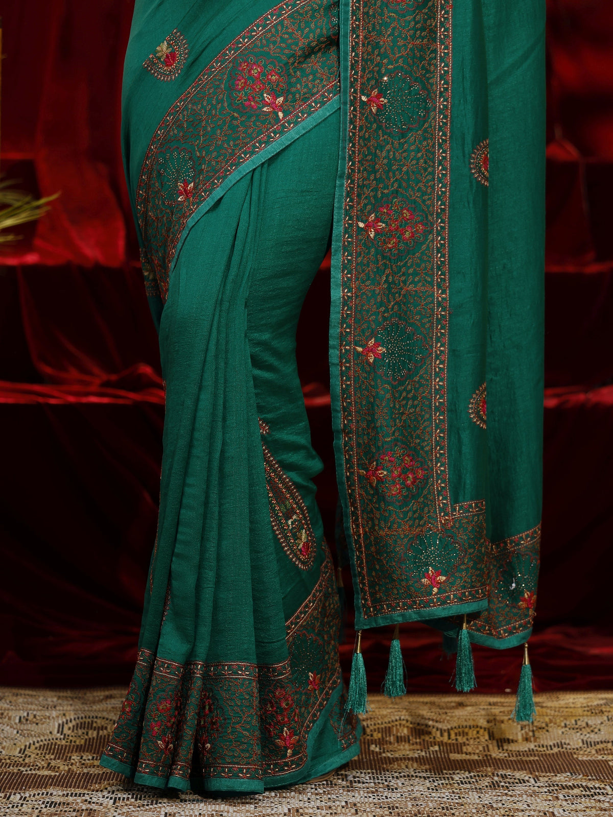 Anouk Green Paisley Embroidered Silk blend Saree