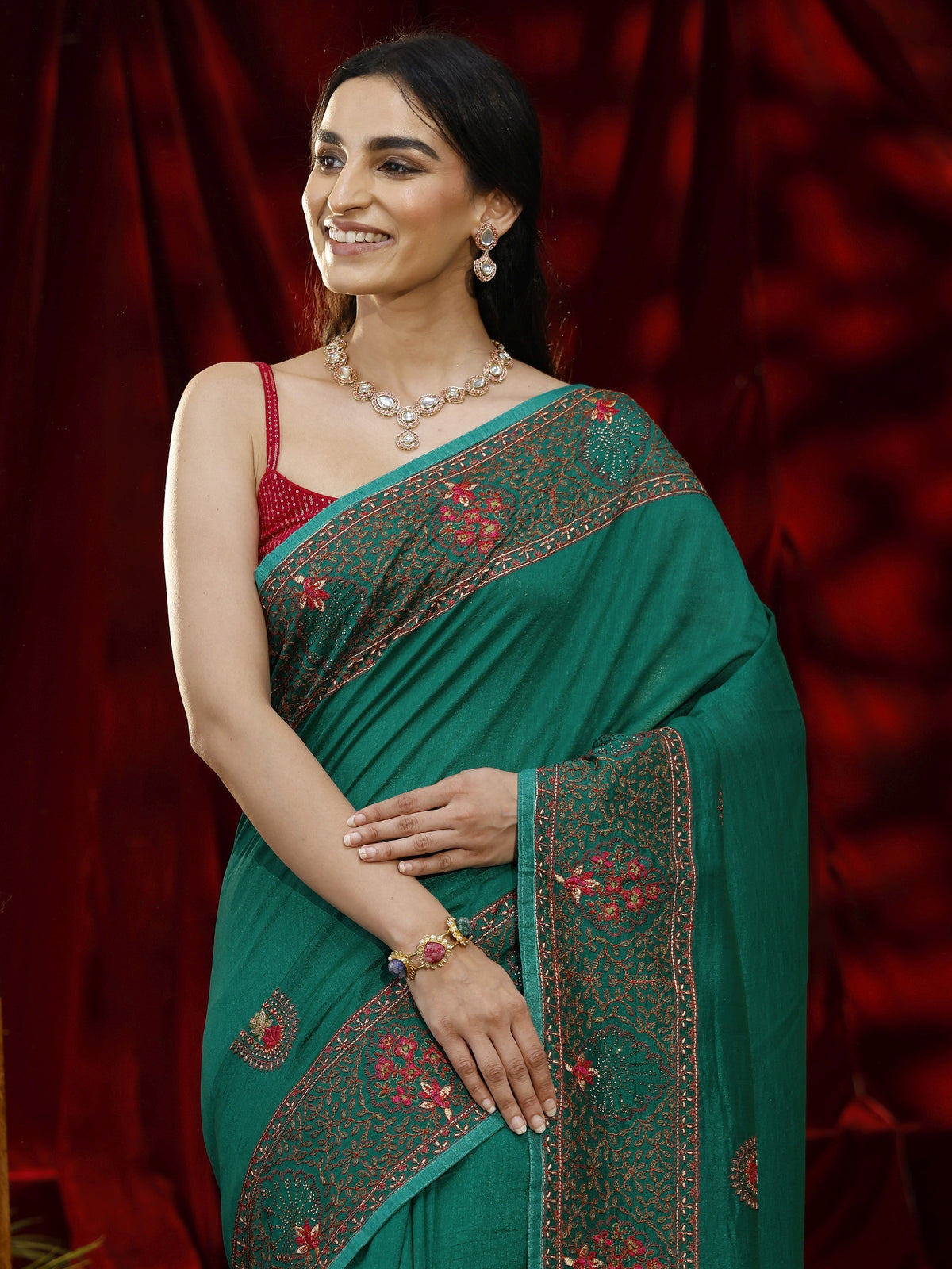 Anouk Green Paisley Embroidered Silk blend Saree