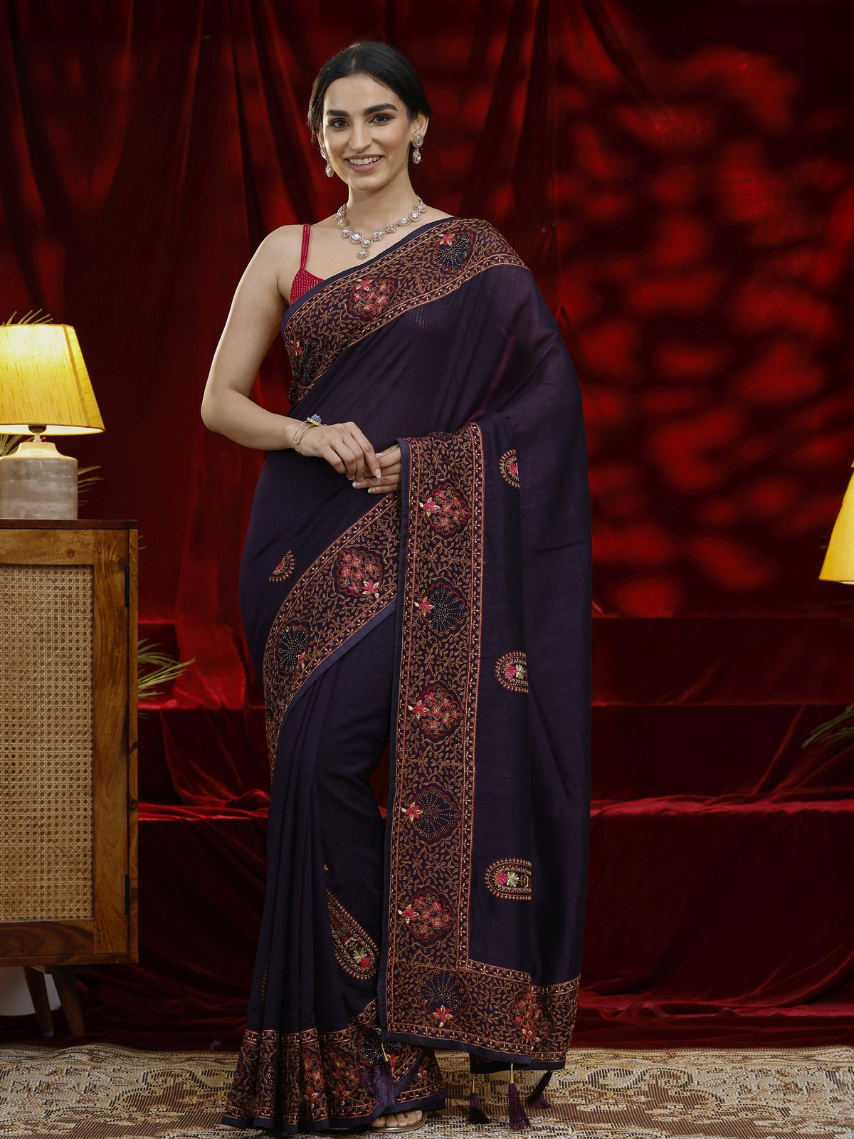 Anouk Purple Paisley Embroidered Silk blend Saree