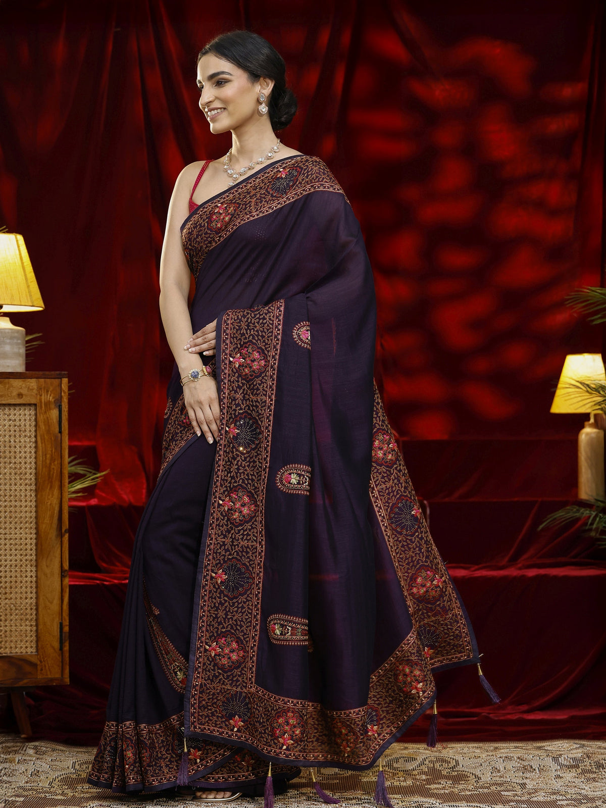 Anouk Purple Paisley Embroidered Silk blend Saree