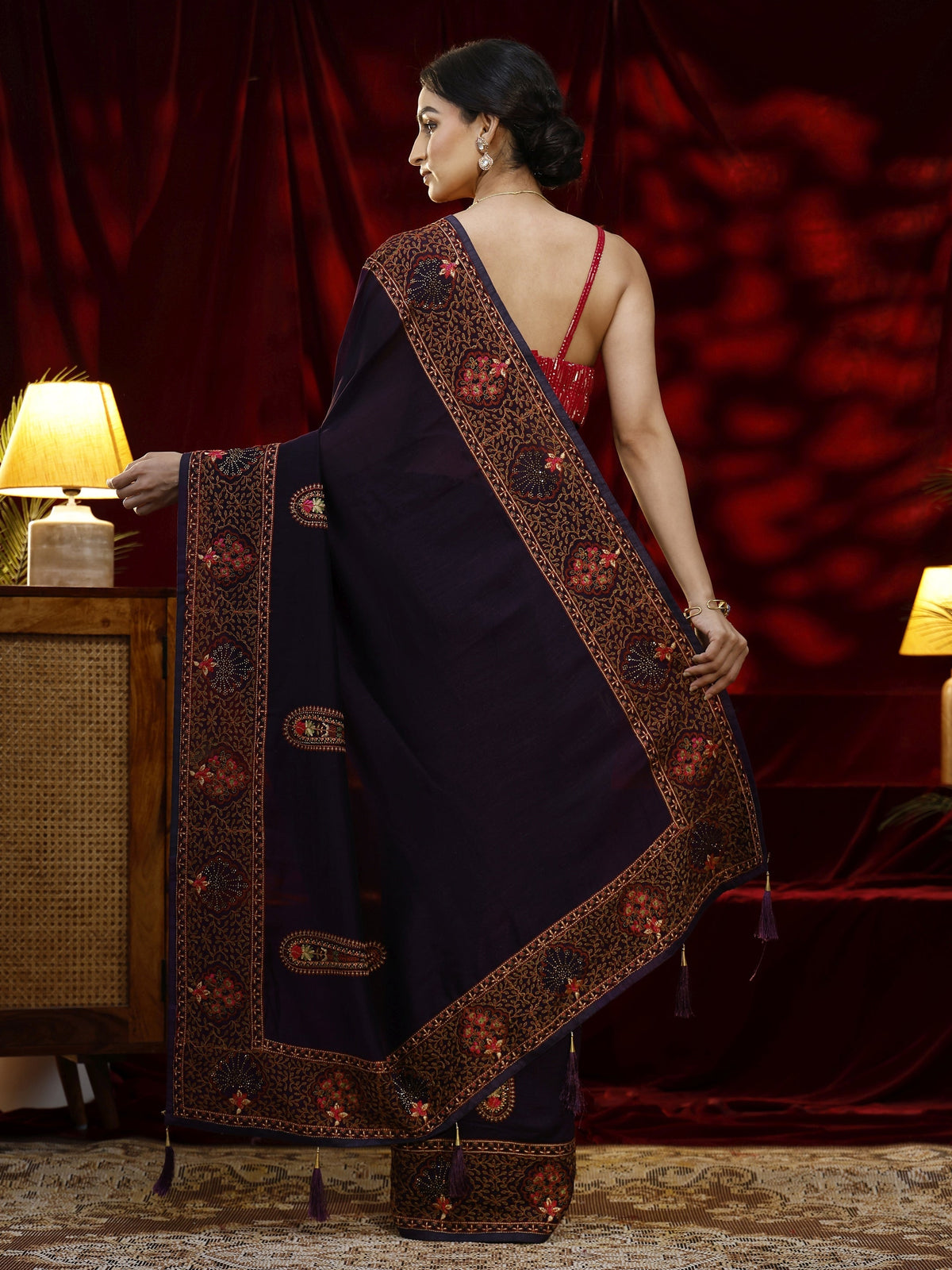 Anouk Purple Paisley Embroidered Silk blend Saree