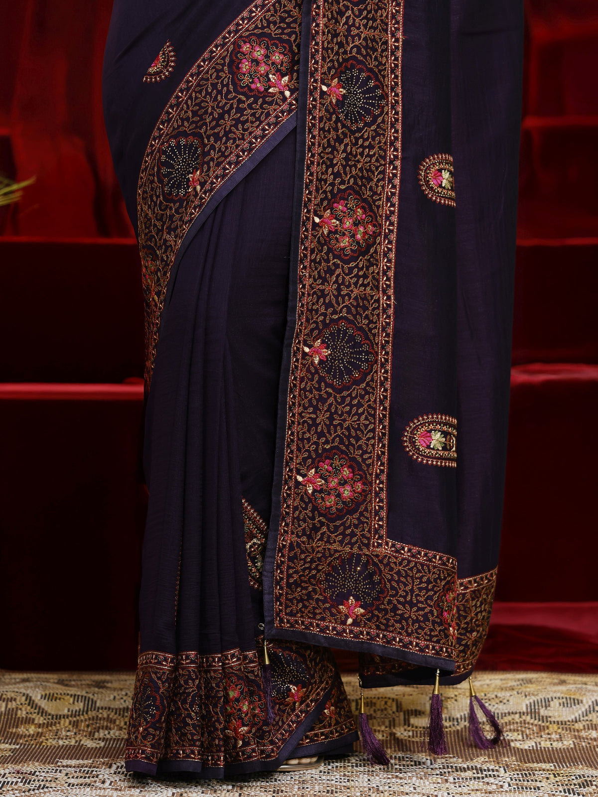Anouk Purple Paisley Embroidered Silk blend Saree