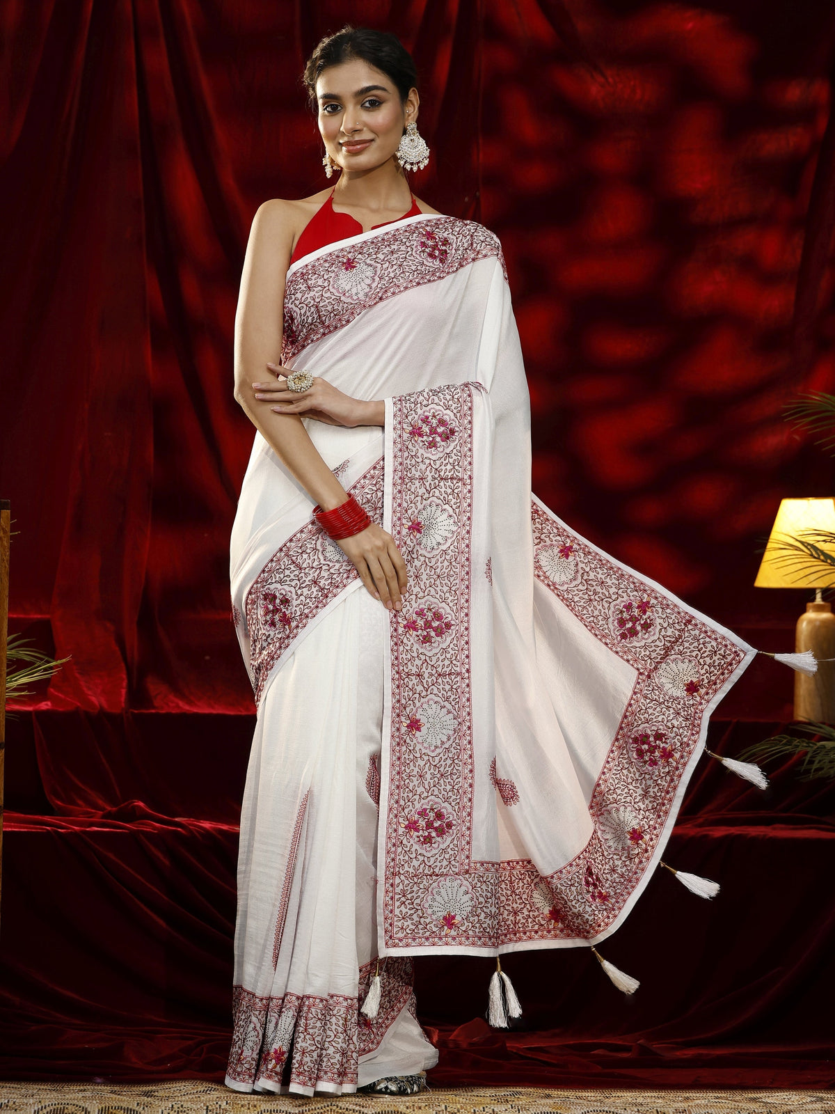Anouk Cream Paisley Embroidered Silk blend Saree