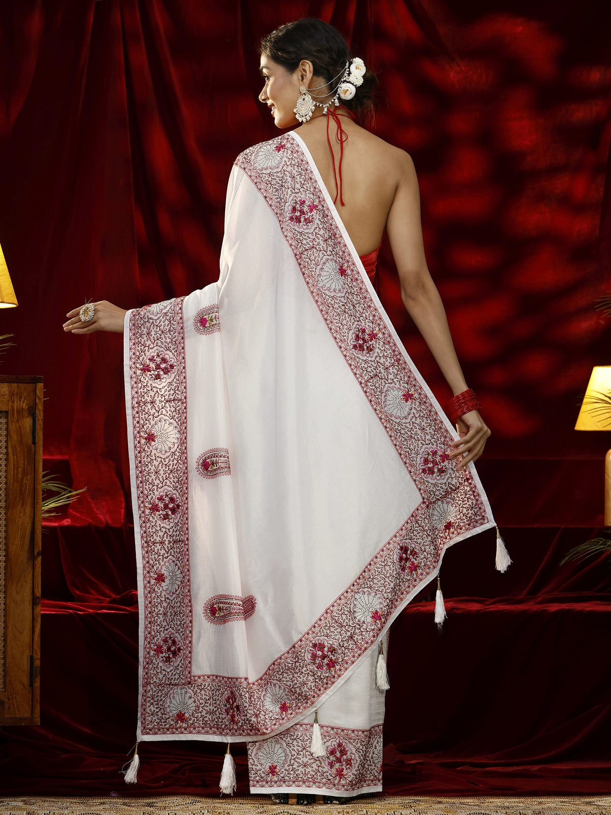 Anouk Cream Paisley Embroidered Silk blend Saree