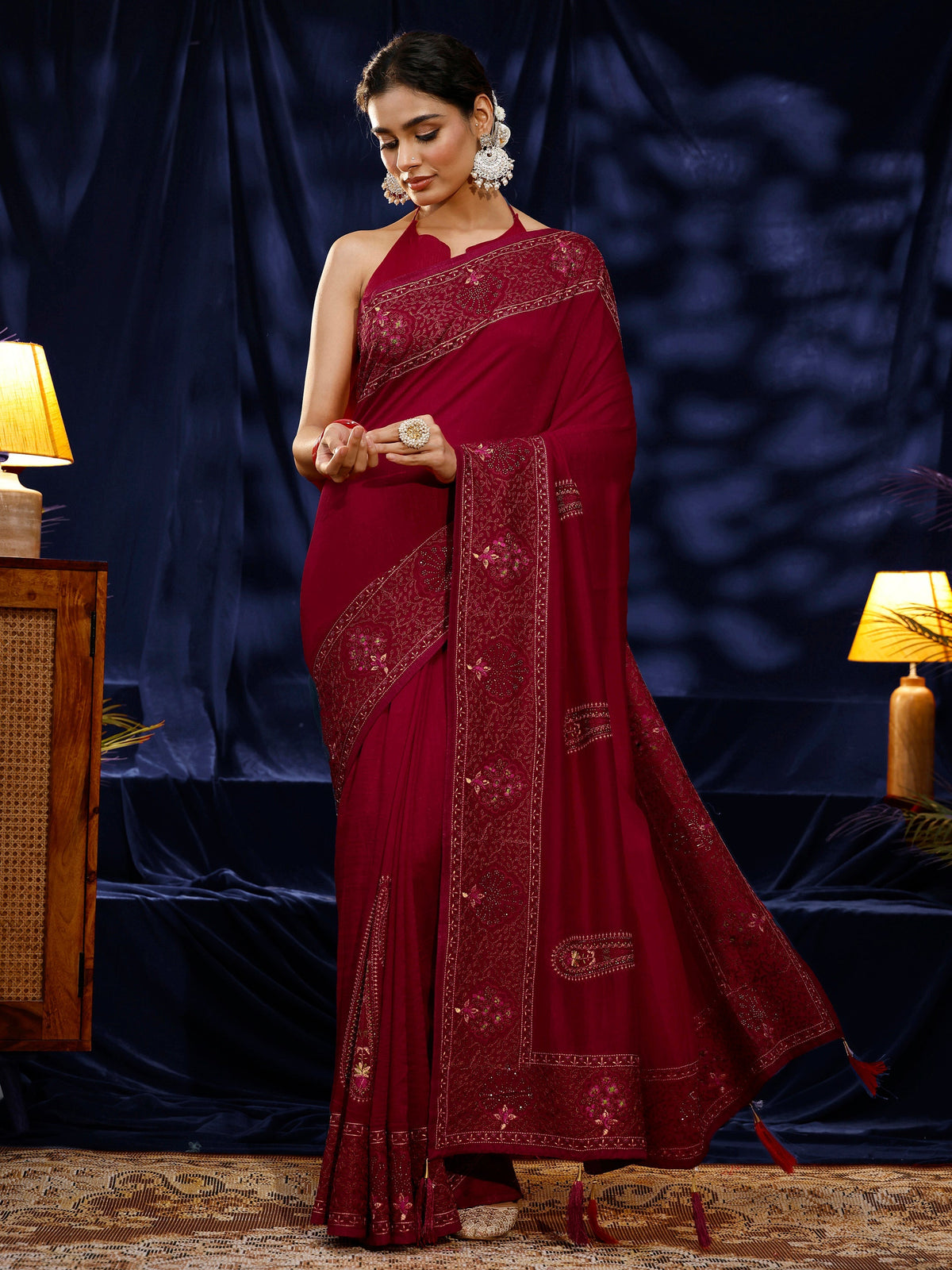 Anouk Red Paisley Embroidered Silk blend Saree