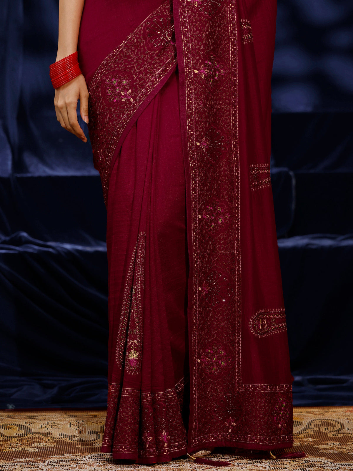Anouk Red Paisley Embroidered Silk blend Saree
