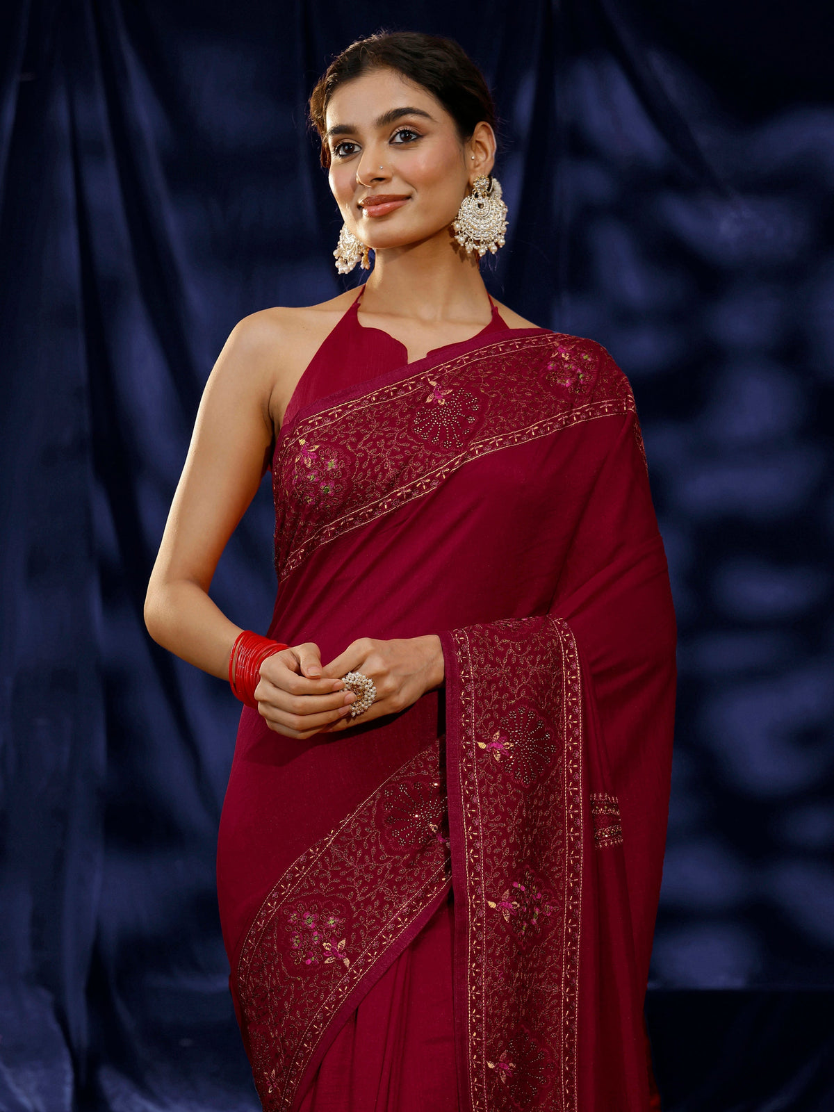 Anouk Red Paisley Embroidered Silk blend Saree