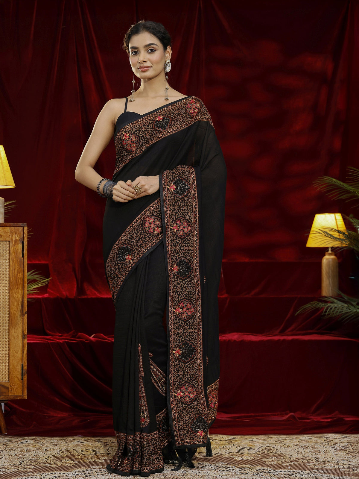 Anouk Black Paisley Embroidered Silk blend Saree