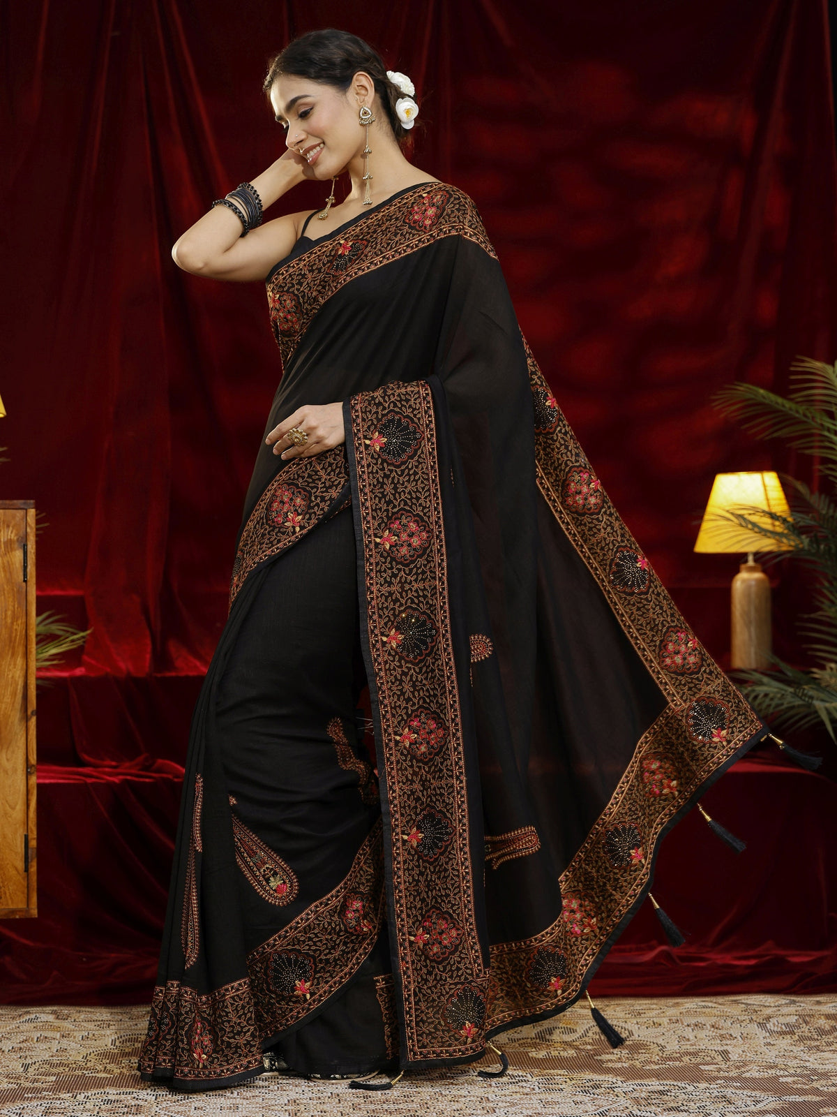Anouk Black Paisley Embroidered Silk blend Saree