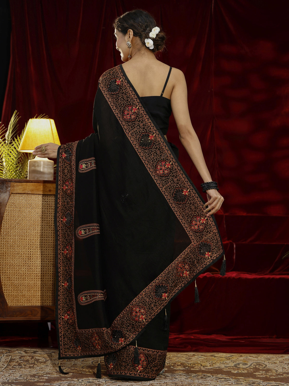 Anouk Black Paisley Embroidered Silk blend Saree