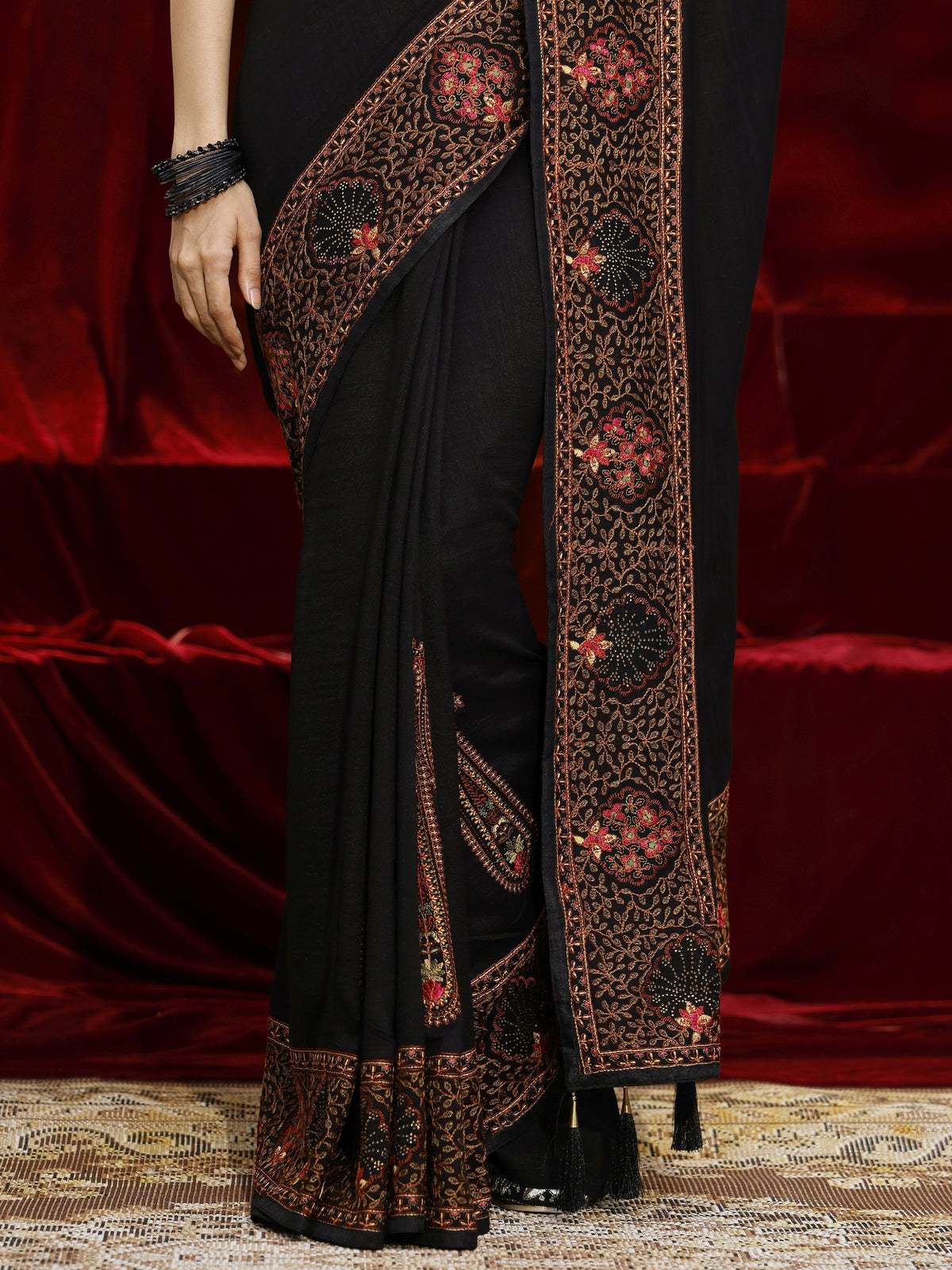 Anouk Black Paisley Embroidered Silk blend Saree
