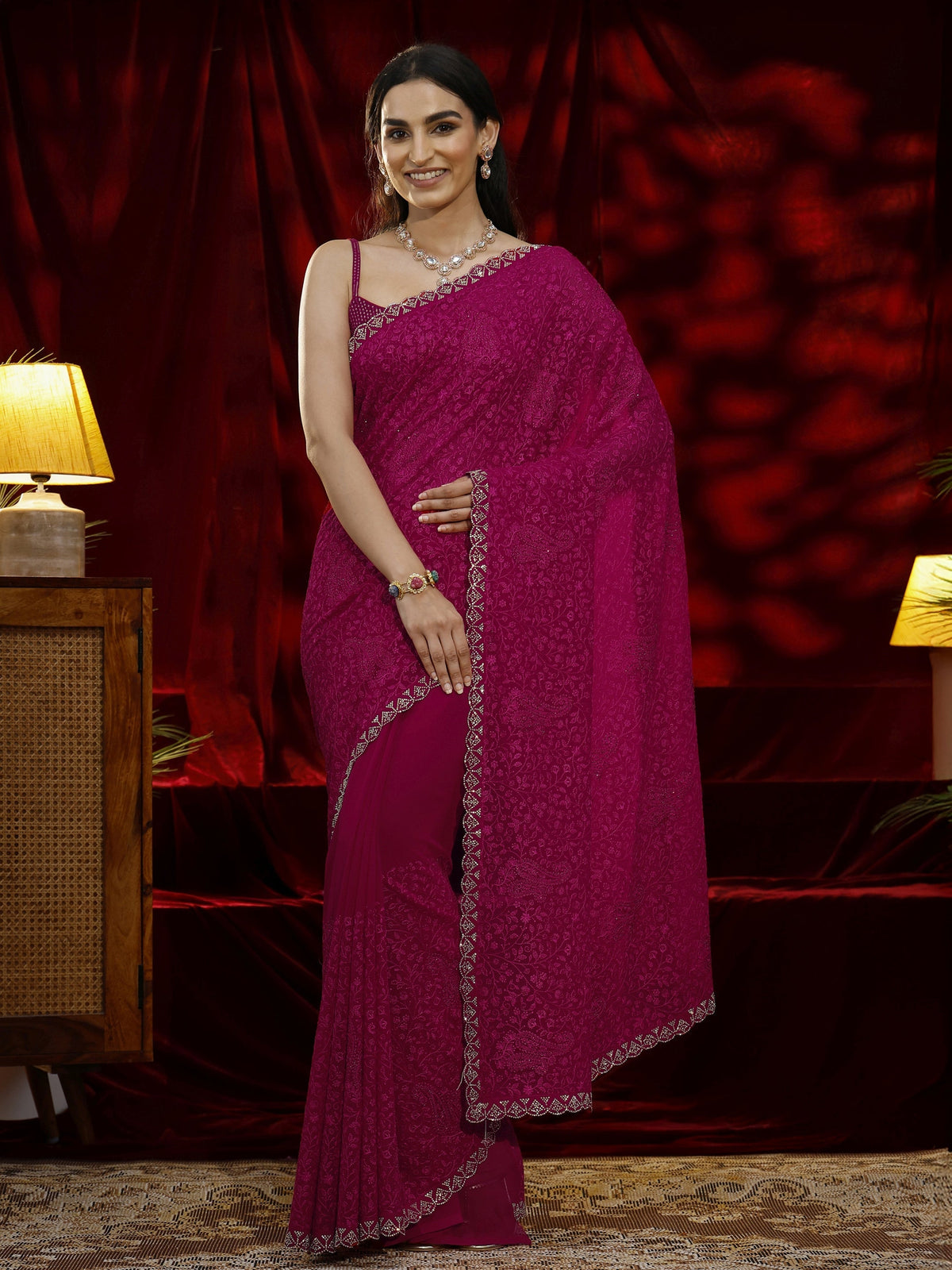 Anouk Pink Floral Embroidered Georgette Saree