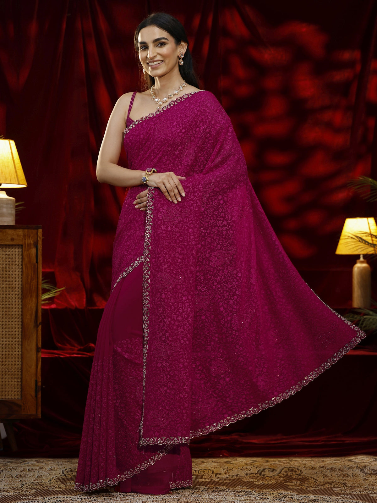 Anouk Pink Floral Embroidered Georgette Saree