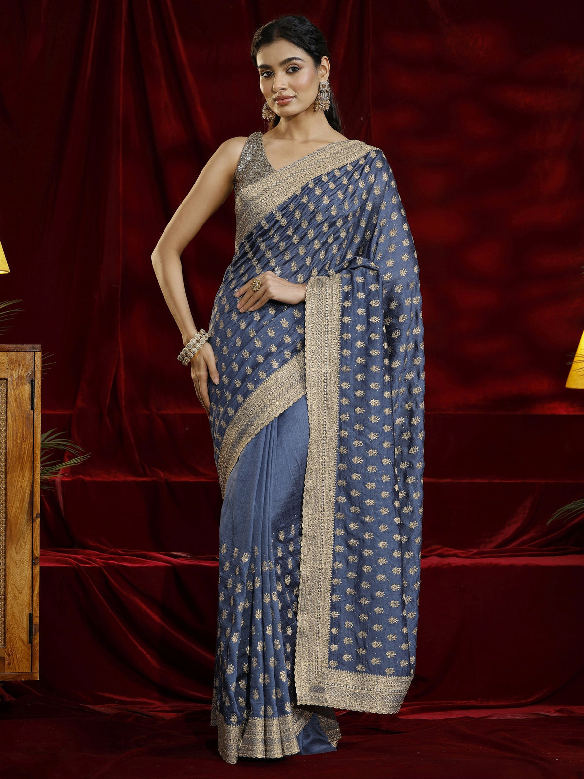 Anouk Blue Ethnic Motif Embroidered Silk blend Saree