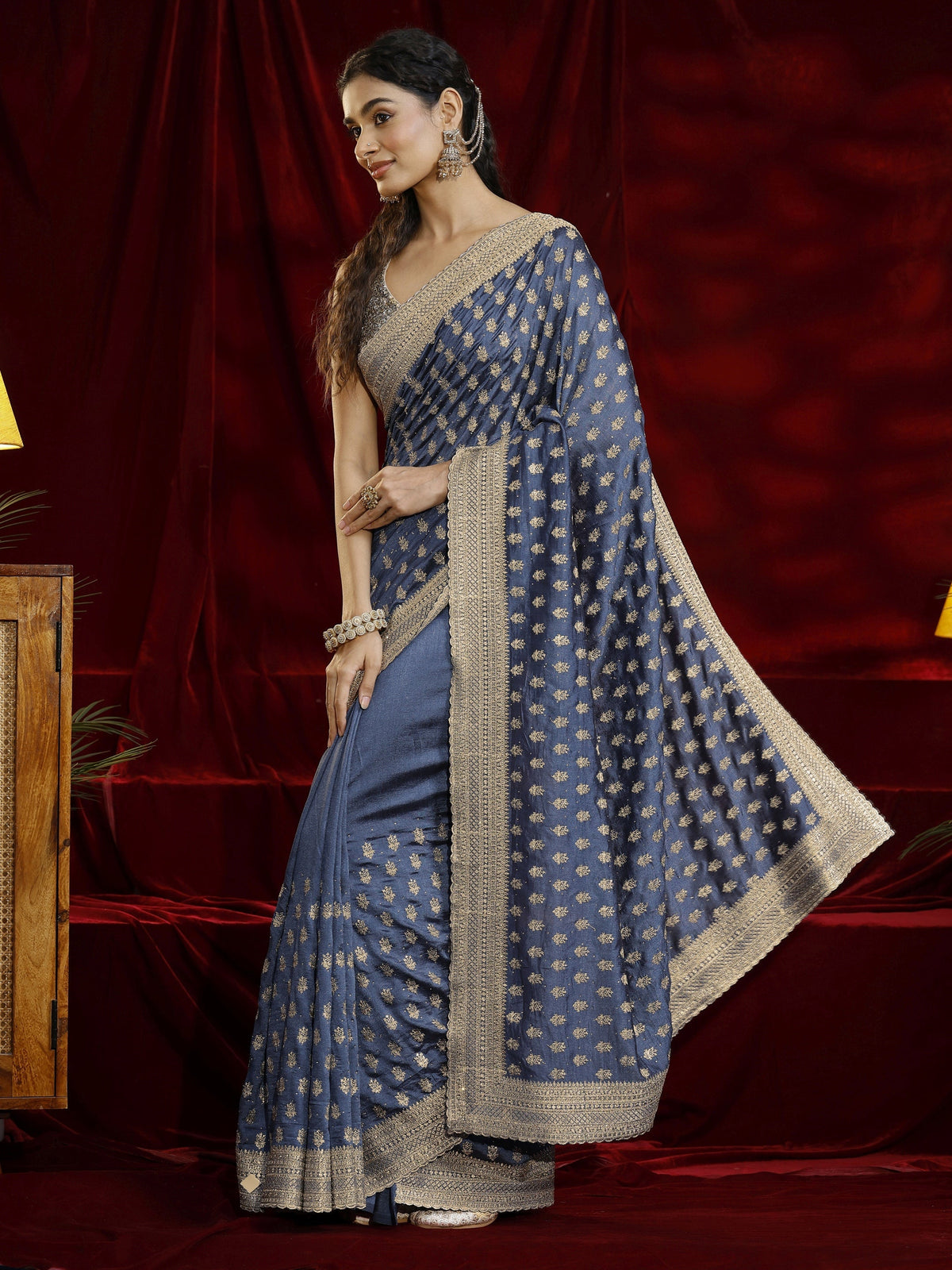 Anouk Blue Ethnic Motif Embroidered Silk blend Saree