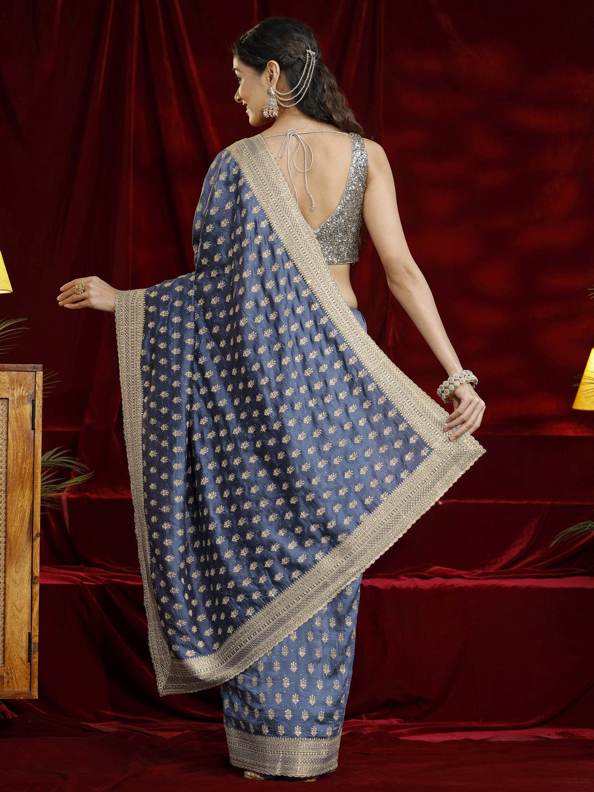 Anouk Blue Ethnic Motif Embroidered Silk blend Saree