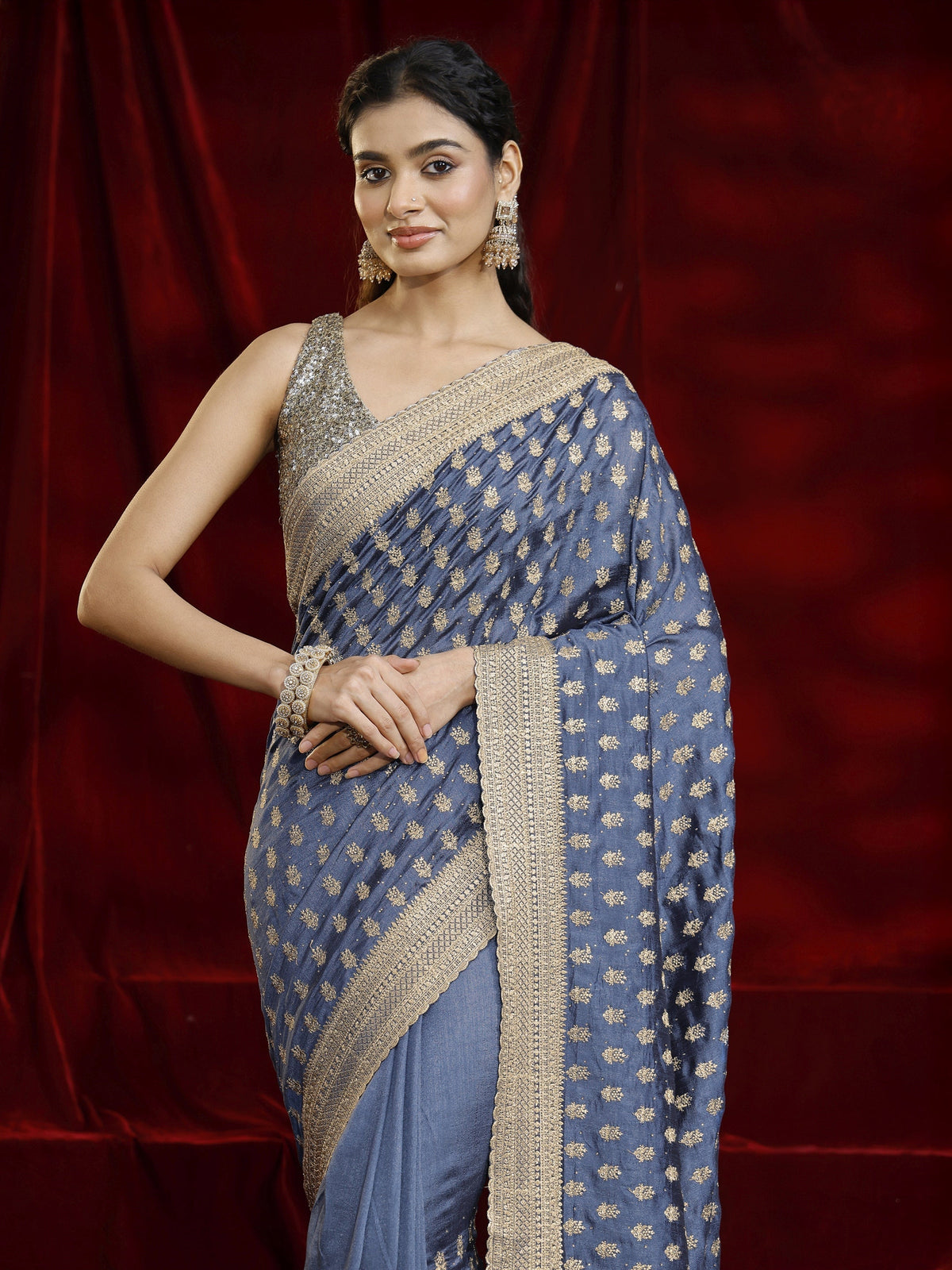 Anouk Blue Ethnic Motif Embroidered Silk blend Saree