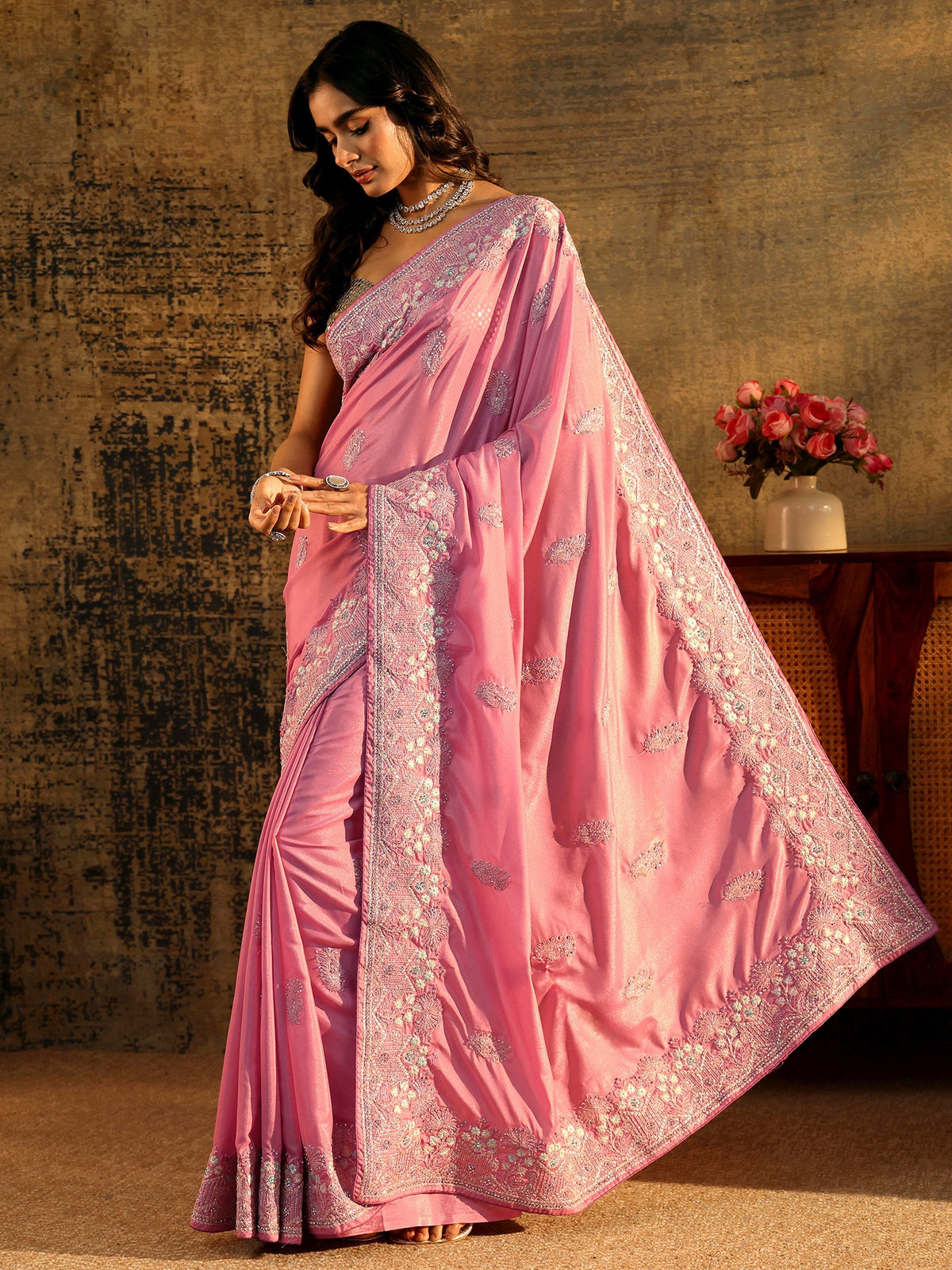 Anouk Blush Pink Floral Embroidered Satin Saree