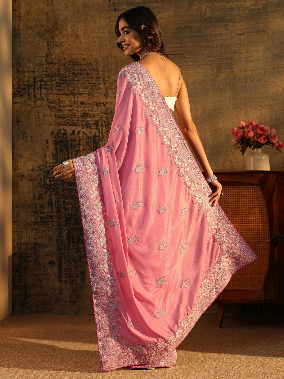 Anouk Blush Pink Floral Embroidered Satin Saree