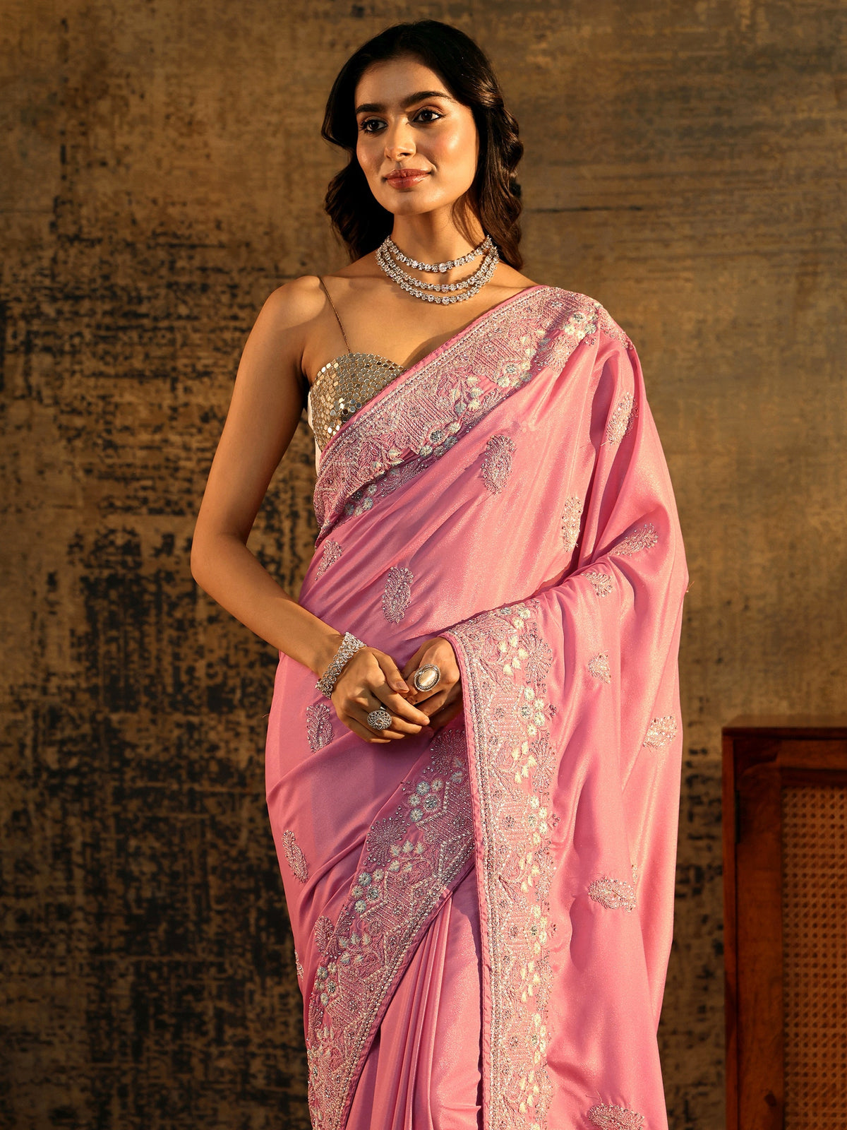 Anouk Blush Pink Floral Embroidered Satin Saree