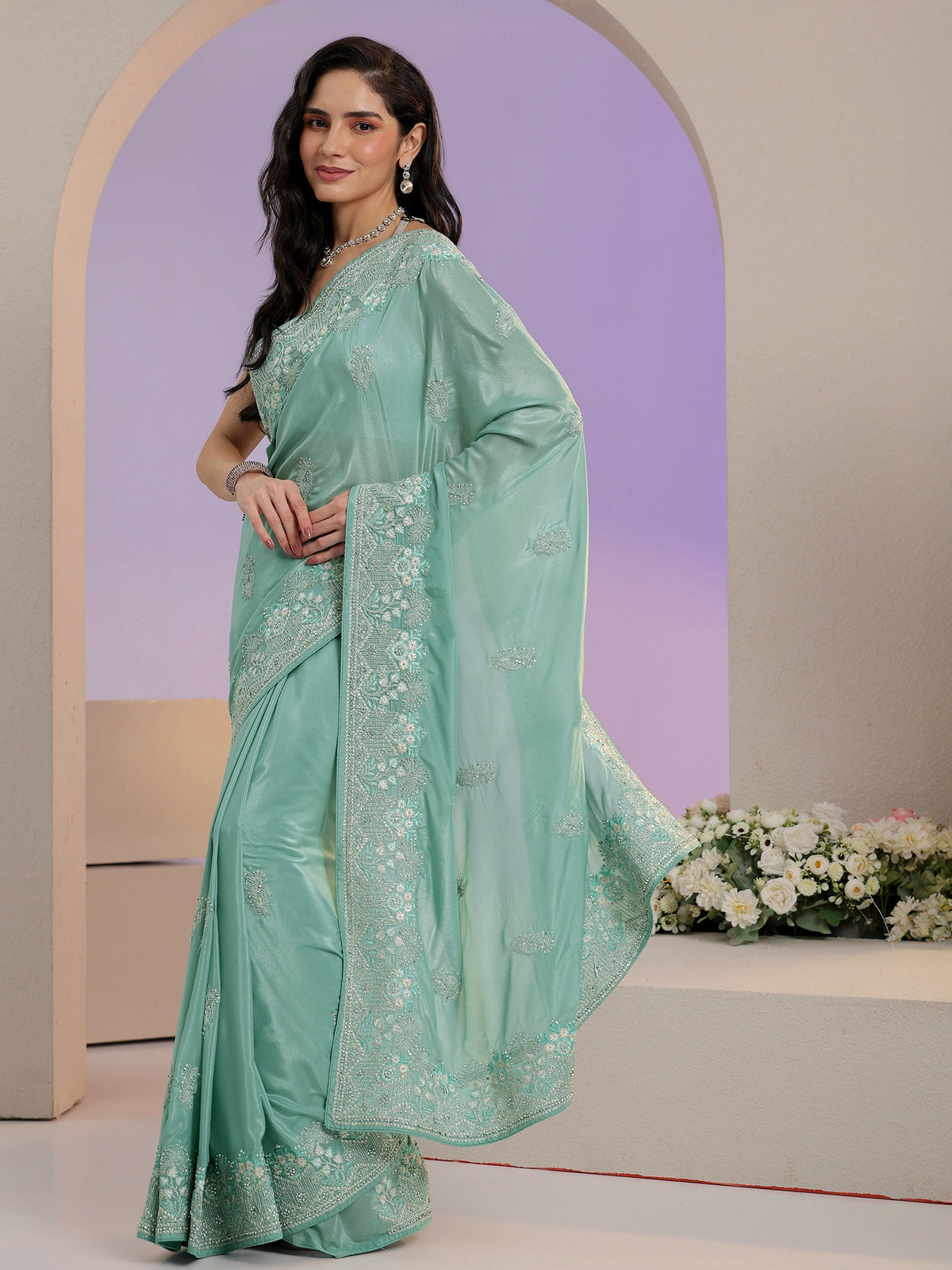 Anouk Aqua Blue Embroidered Satin Saree