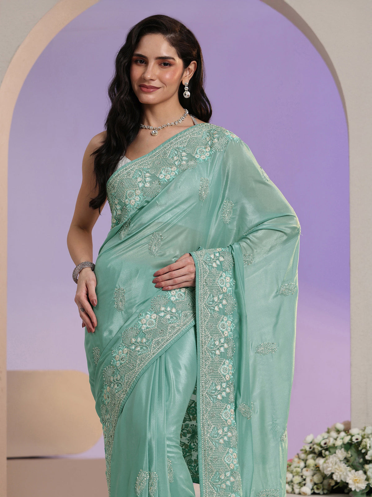 Anouk Aqua Blue Embroidered Satin Saree